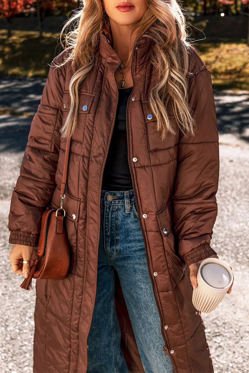 Pocketed Bubble Texture Long Sleeve Longline Winter Coat - Charming Charlie