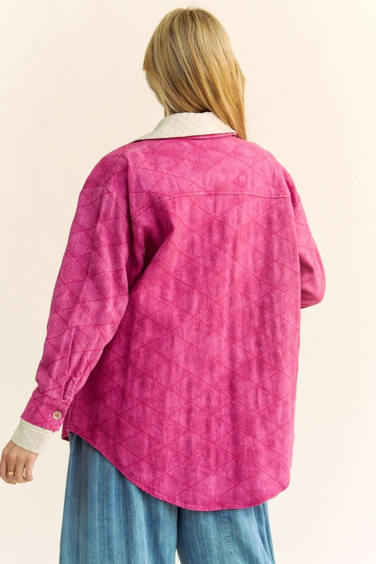 Davi & Dani Curved Hem Diamond Quilted Button Up Denim Shacket - Charming Charlie