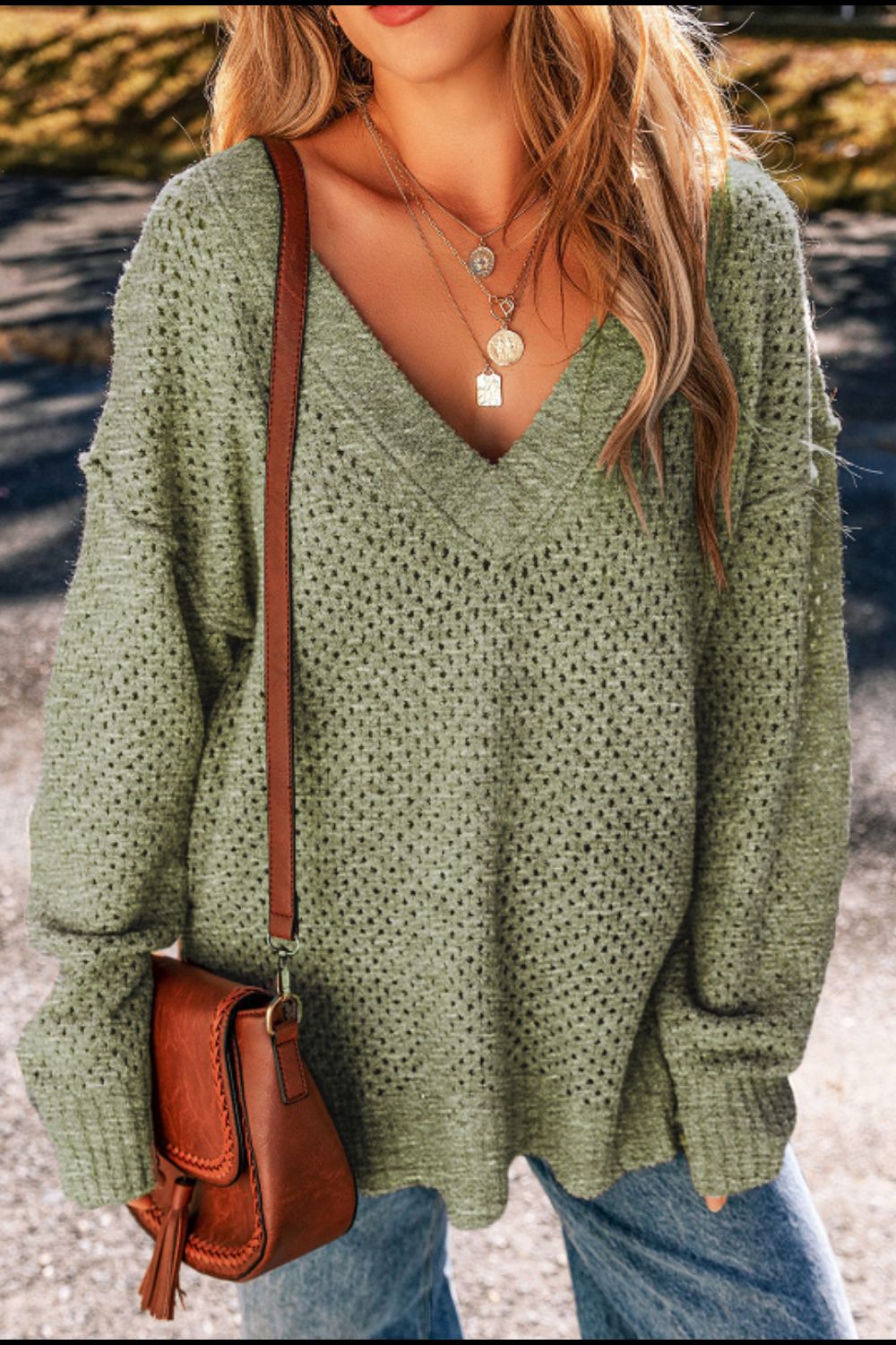 V-Neck Dropped Shoulder Long Sleeve Sweater - Charming Charlie