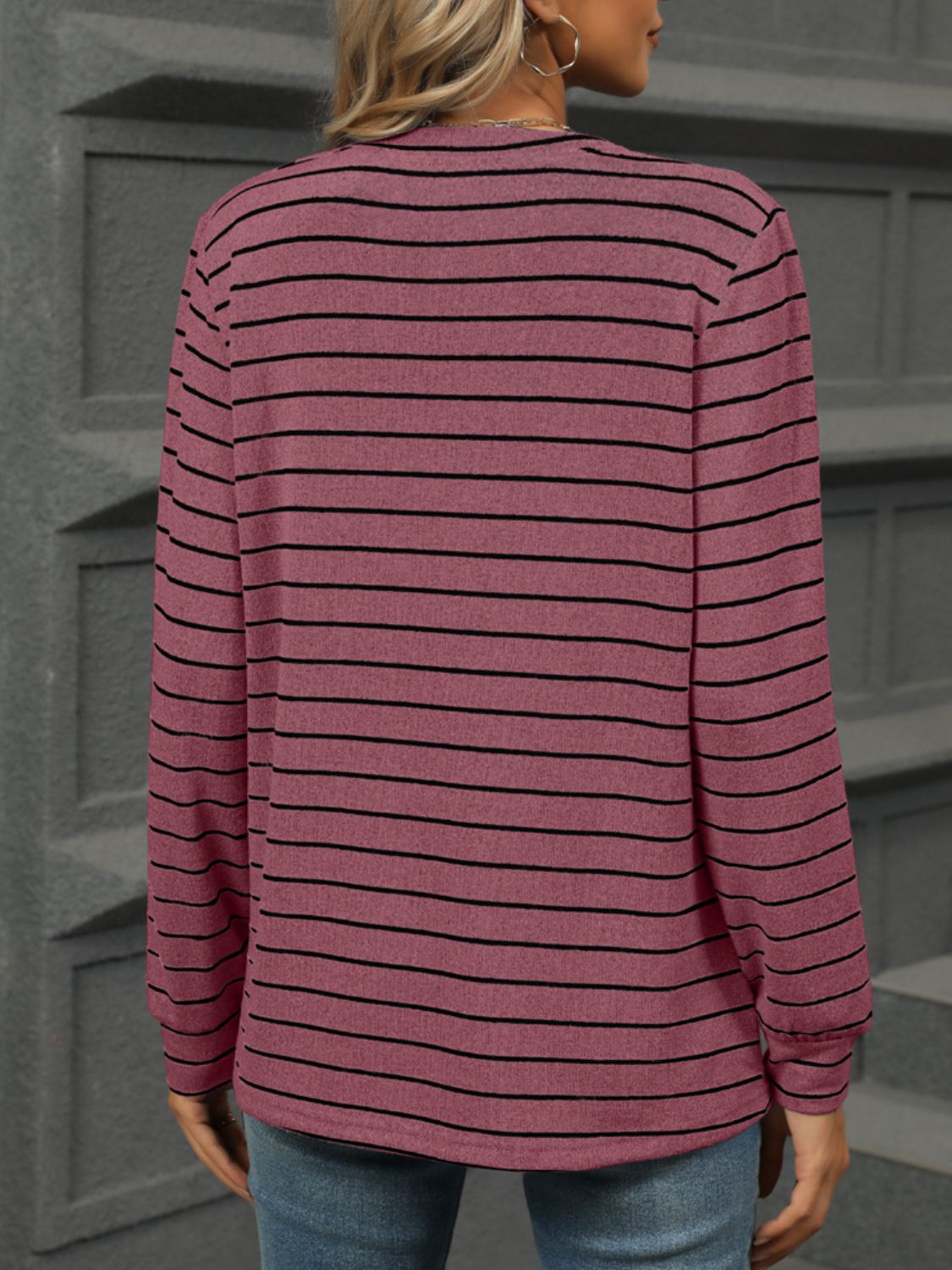 Striped Notched Long Sleeve T-Shirt - Charming Charlie