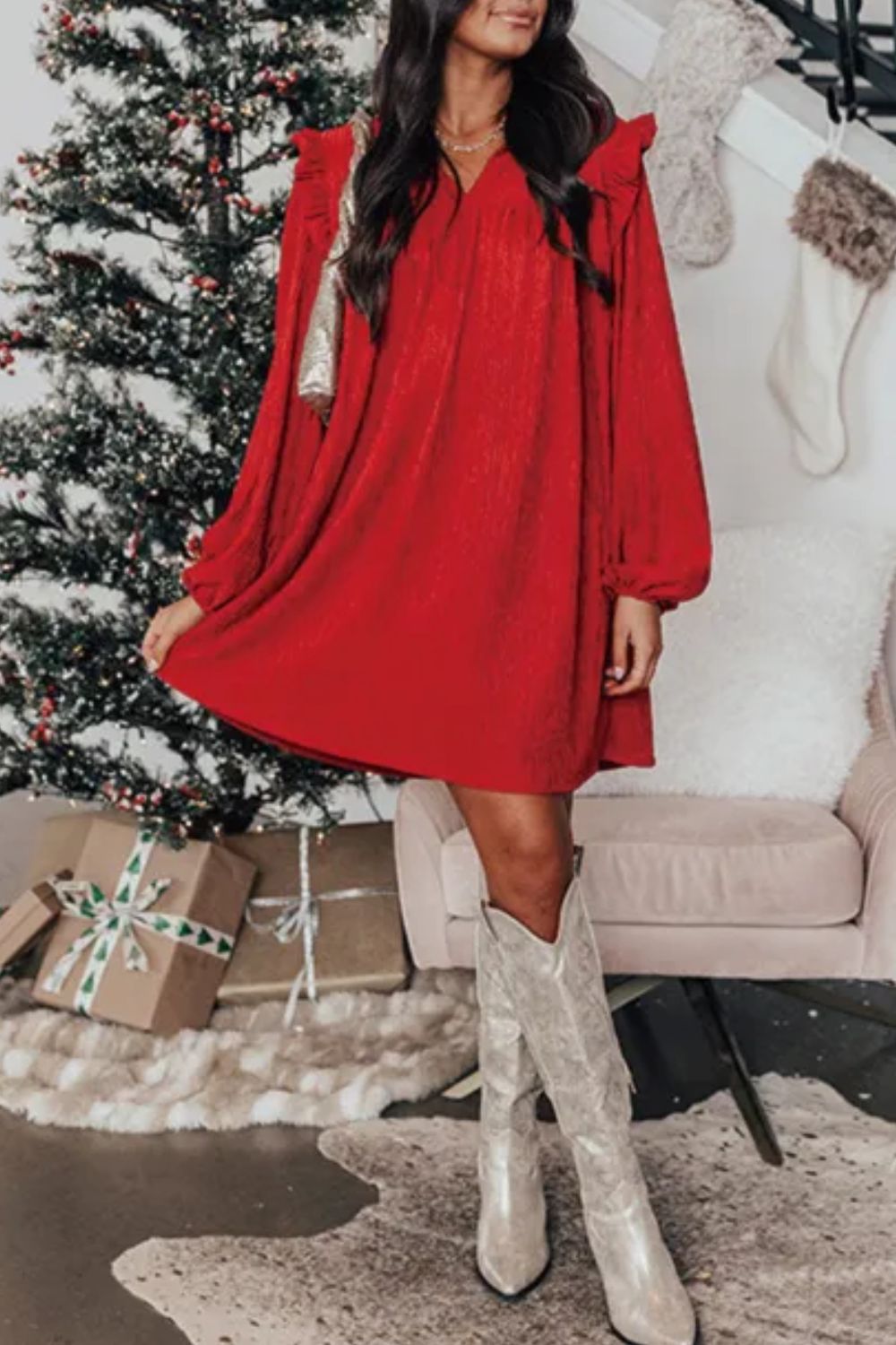 Frill Notched Long Sleeve Dress - Charming Charlie