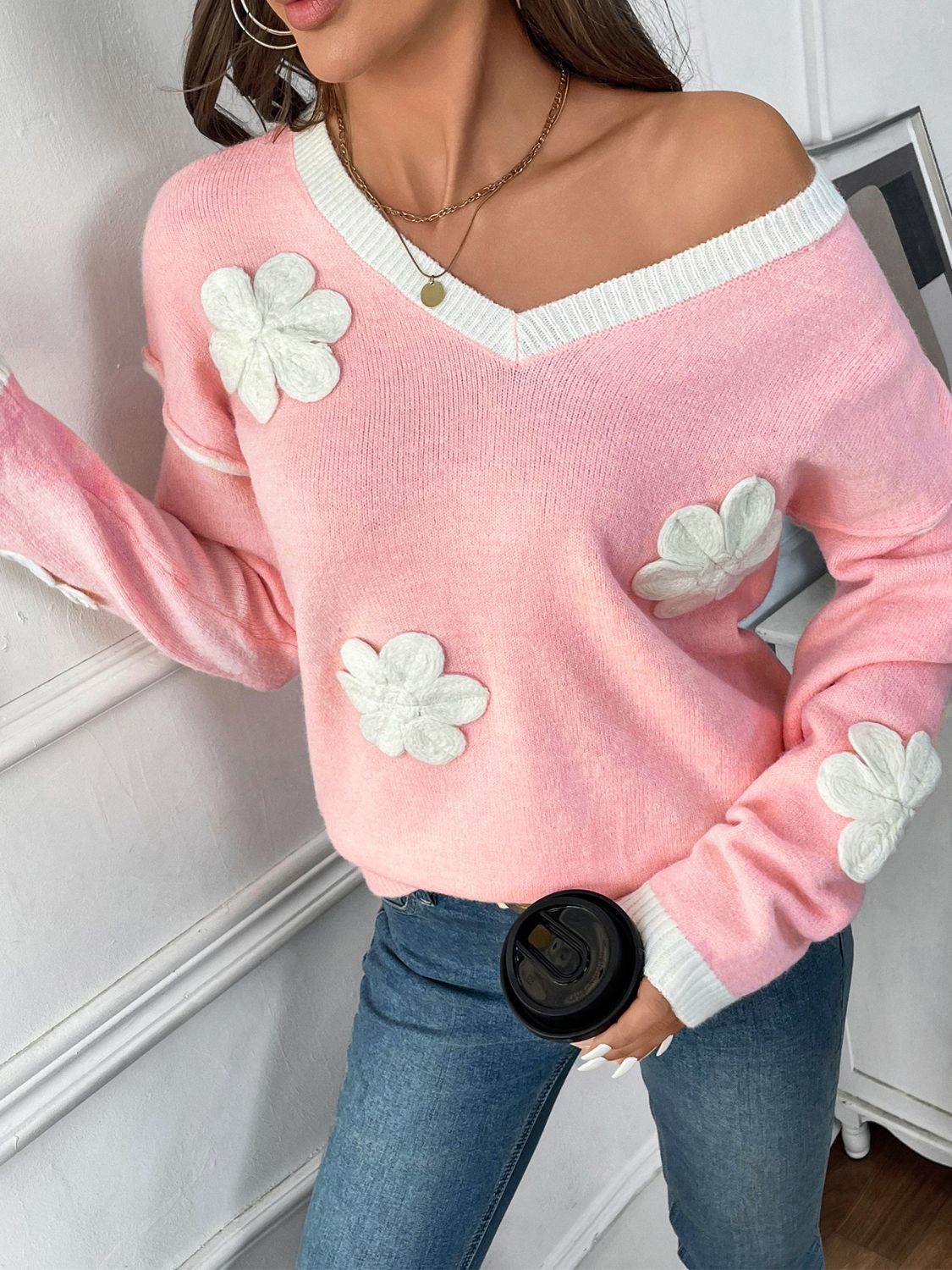 Perfee Flower V-Neck Long Sleeve Sweater - Charming Charlie