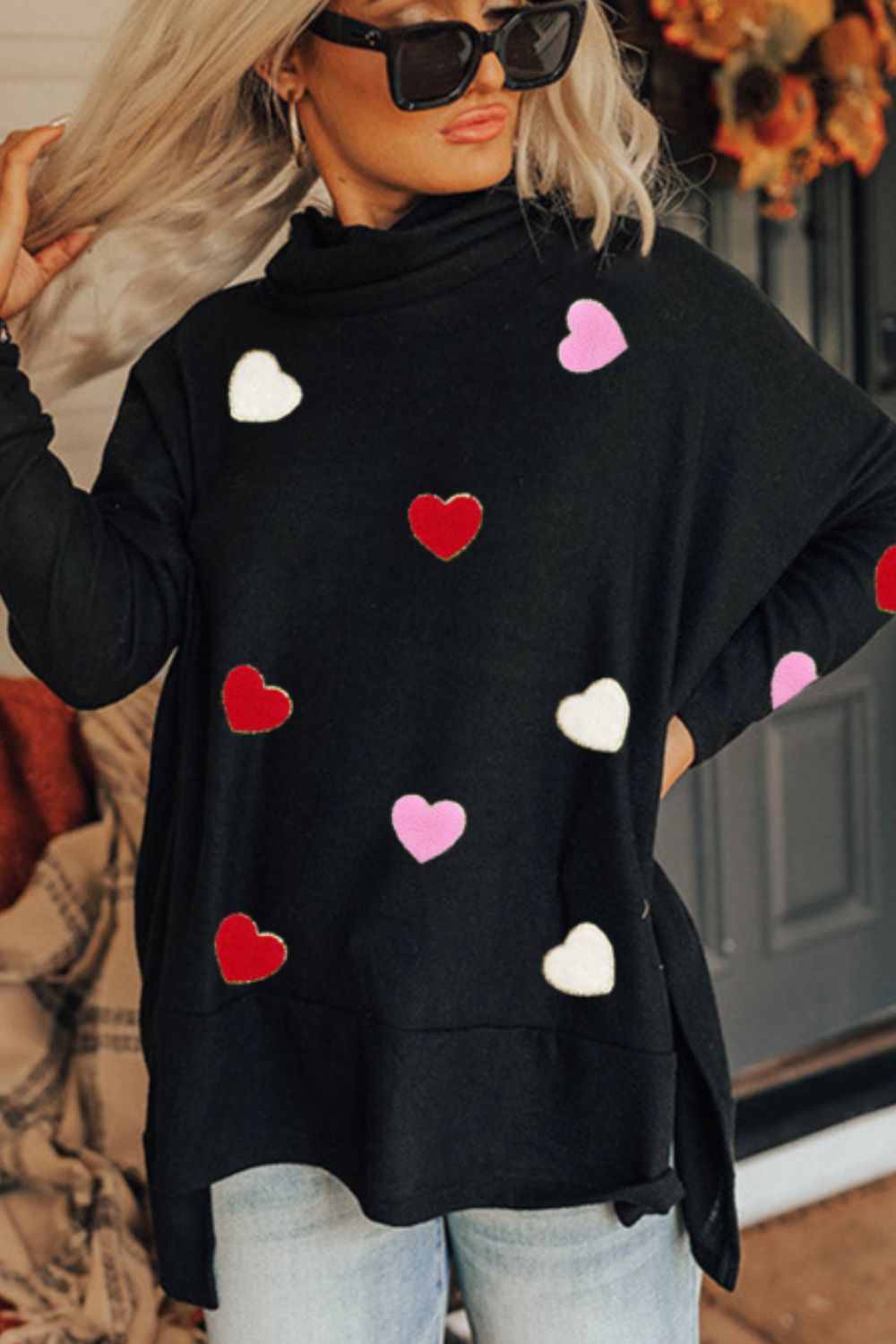 Valentine’s Day Heart Patched Turtleneck Long Sleeve Top - Charming Charlie