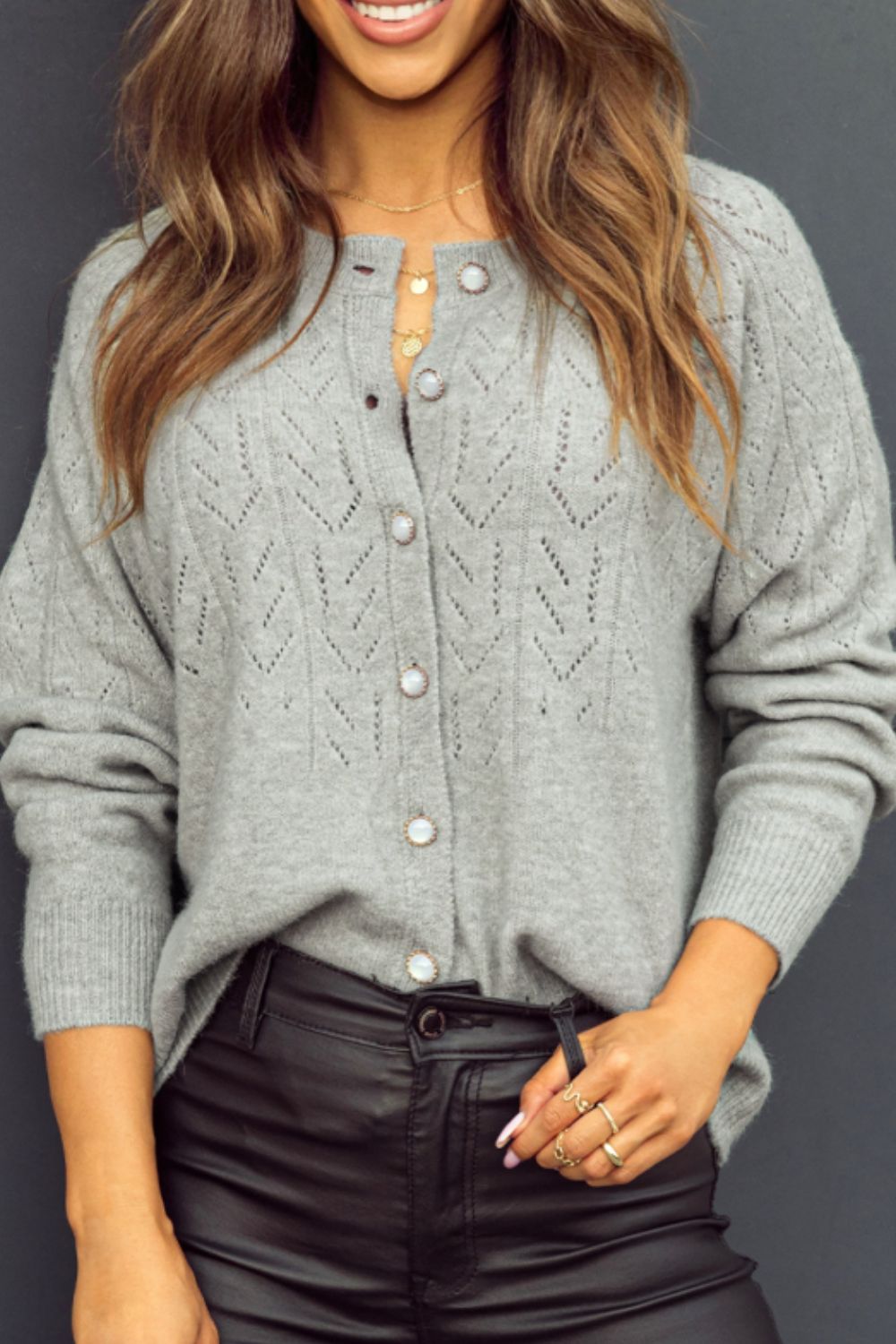 Openwork Button Down Long Sleeve Cardigan - Charming Charlie
