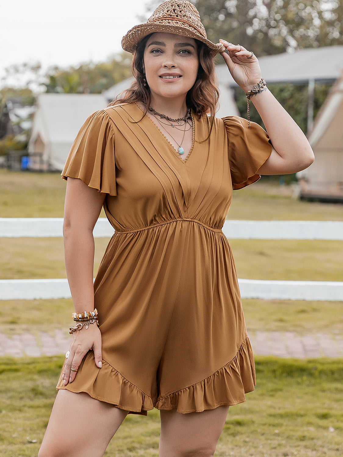 Plus Size Ruffled V-Neck Short Sleeve Romper - Charming Charlie