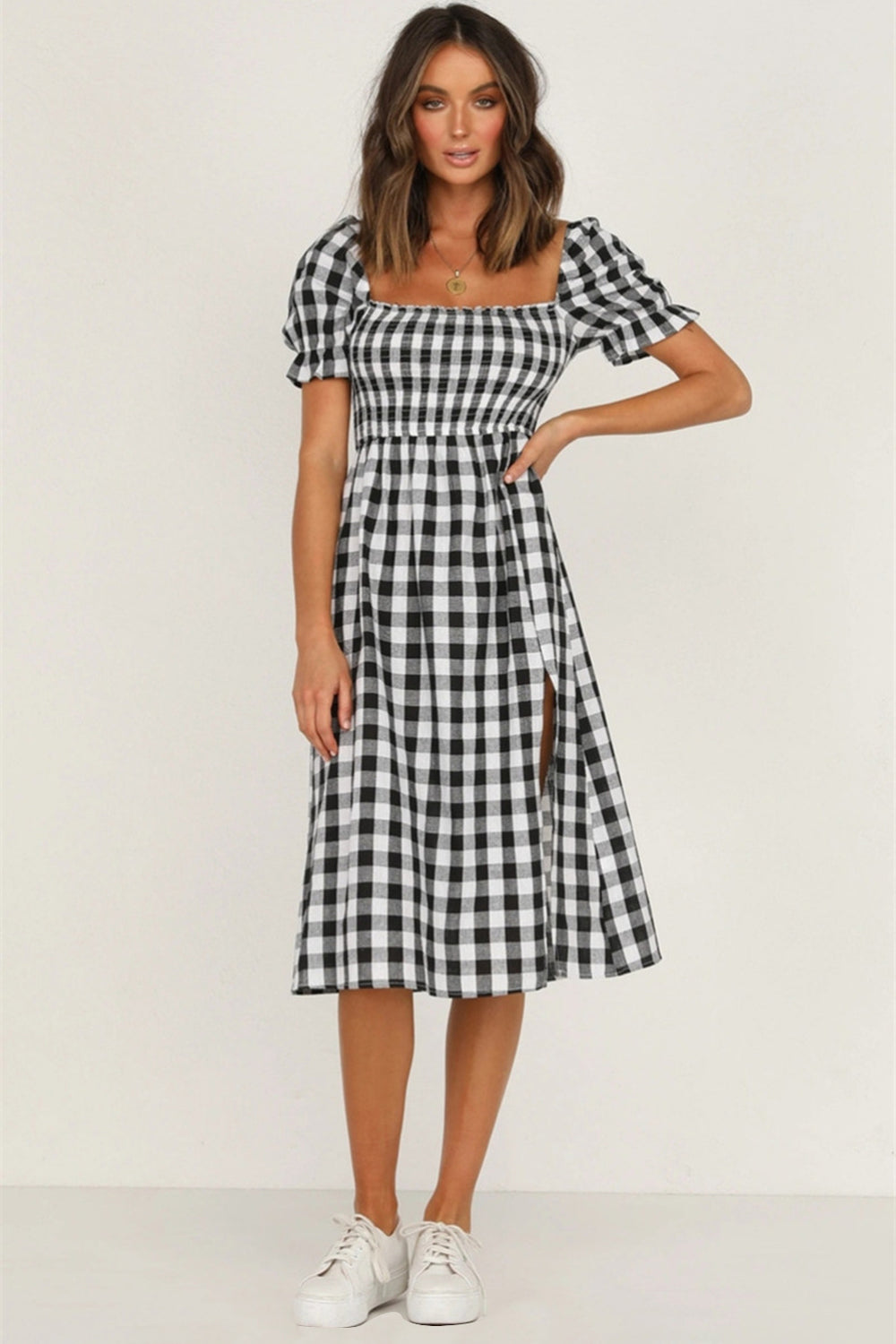 Full Size Slit Plaid Short Sleeve Midi Dress - Charming Charlie