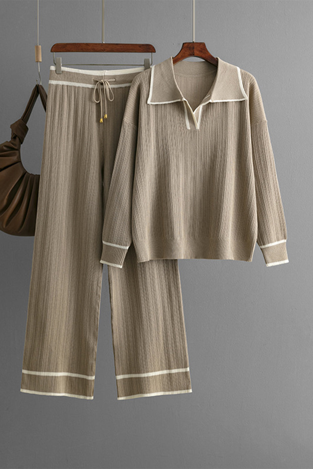 Contrast Trim Johnny Collar Top and Drawstring Pants Sweater Set - Charming Charlie