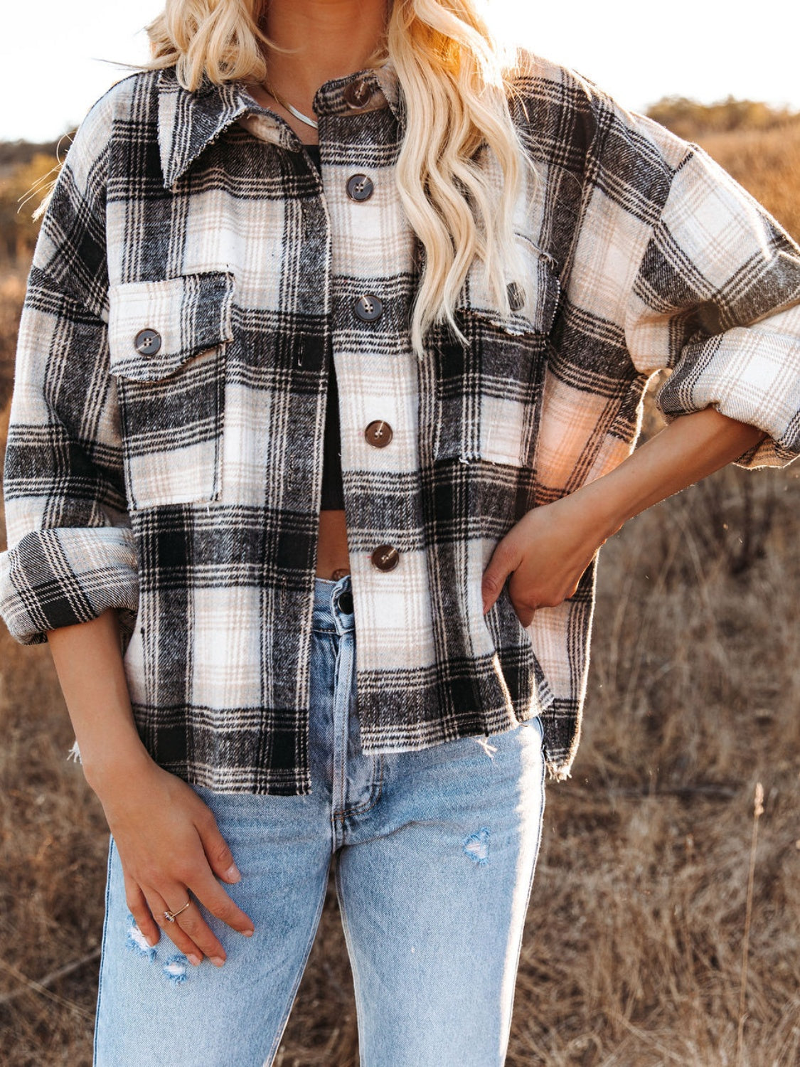 Pocketed Plaid Button Down Long Sleeve Shacket - Charming Charlie