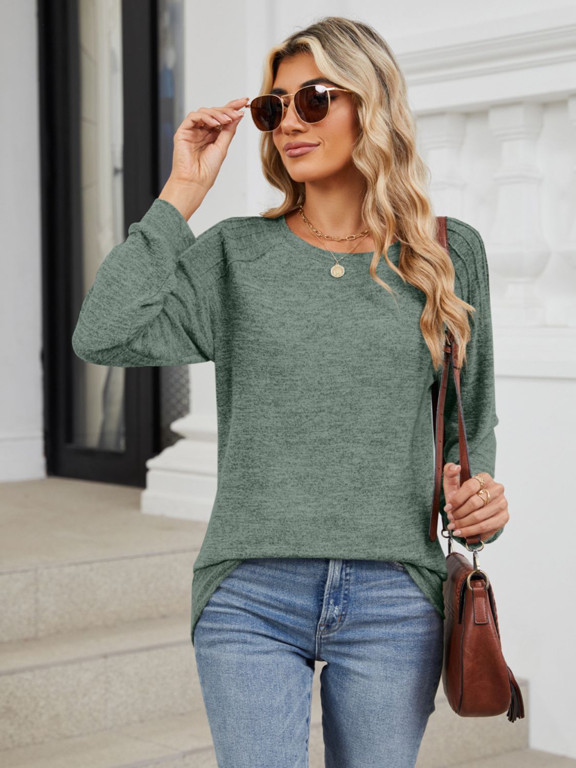 Round Neck Long Sleeve T-Shirt - Charming Charlie