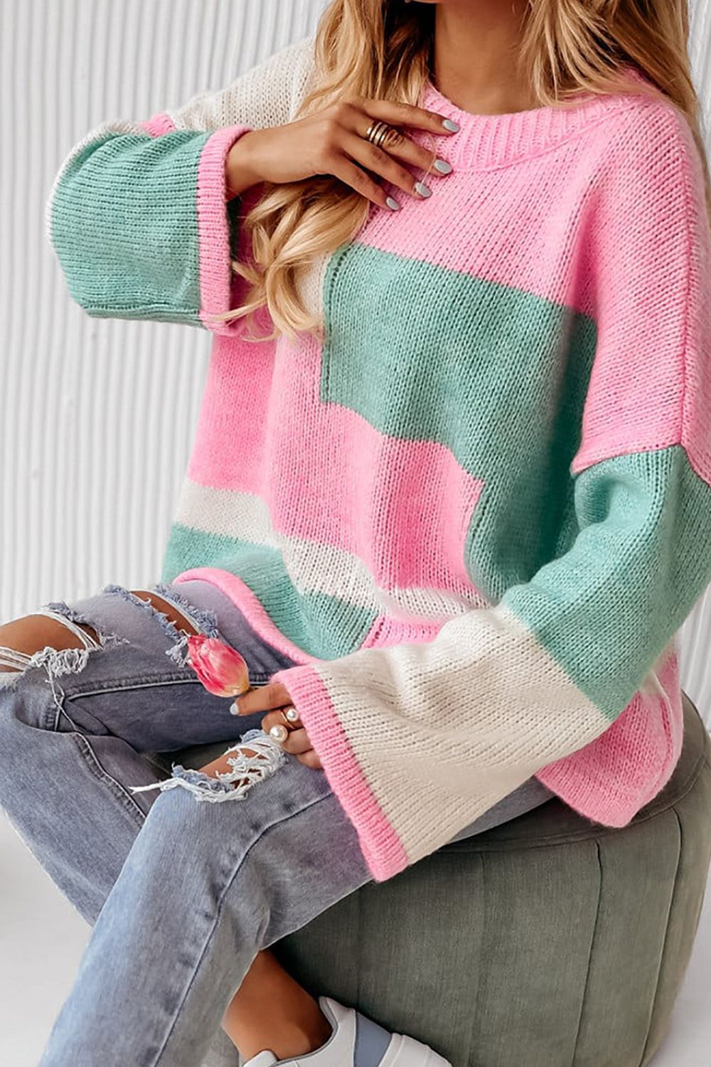 Color Block Round Neck Drop Shoulder Sweater - Charming Charlie