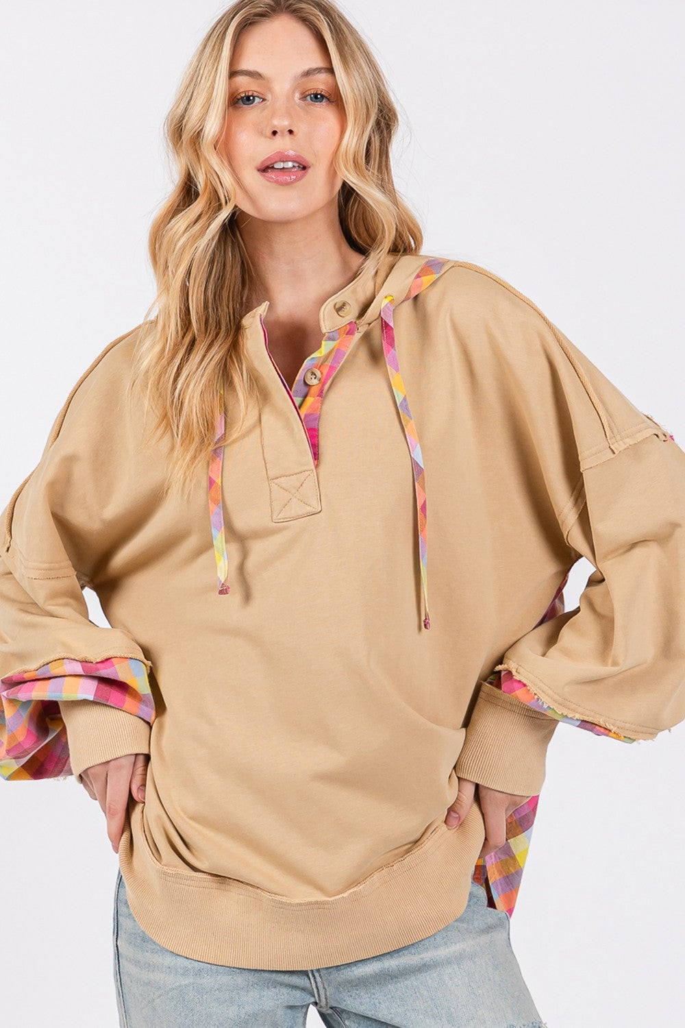 SAGE + FIG Full Size Plaid Print Washed Hoodie - Charming Charlie
