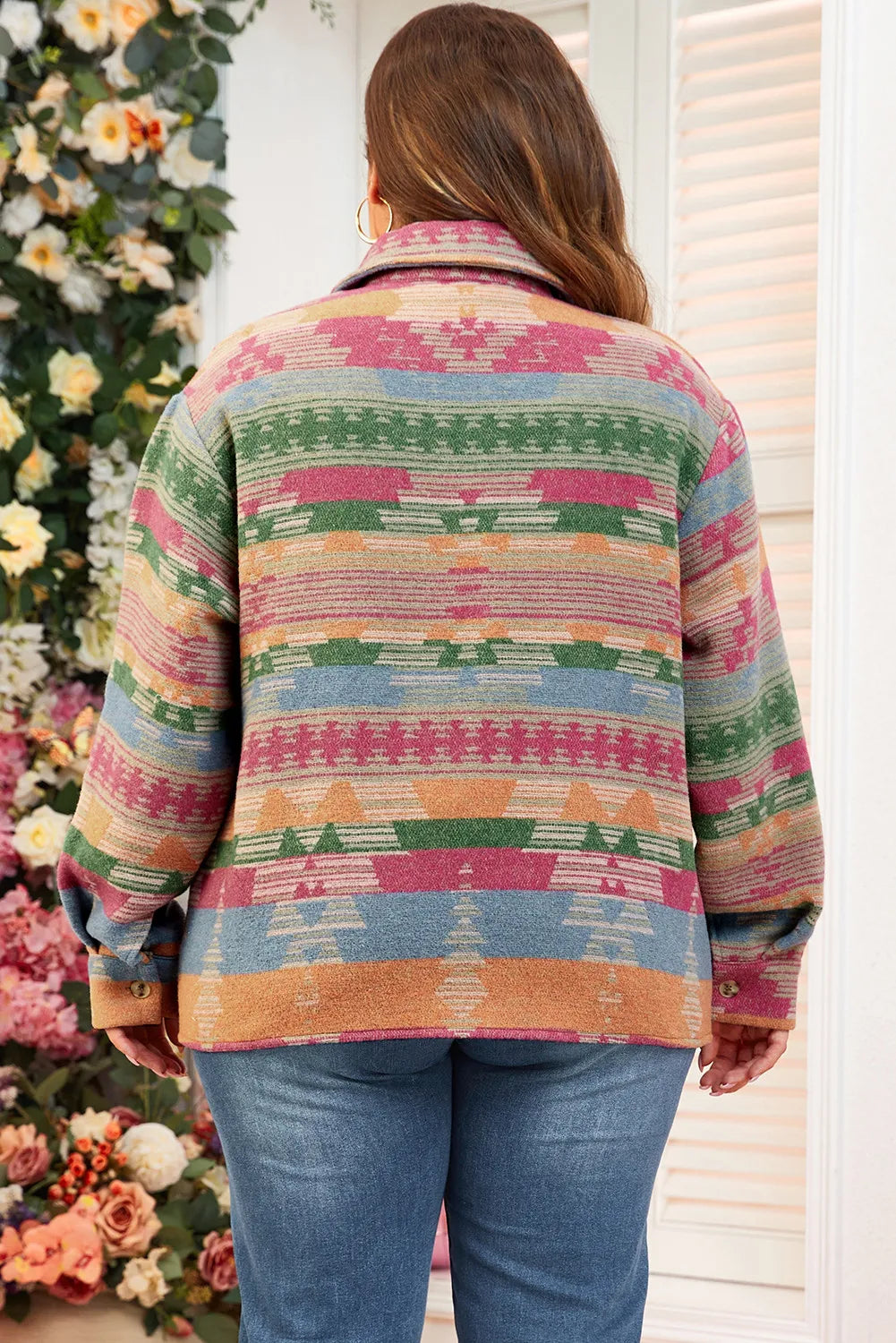 Plus Size Pocketed Printed Collared Neck Jacket - Charming Charlie