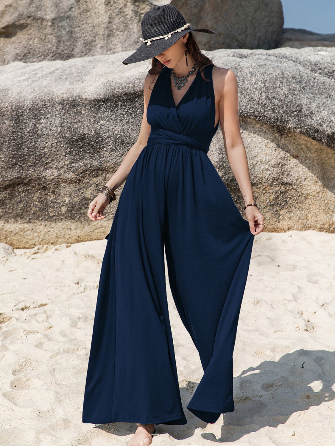 Surplice Wide Leg Jumpsuit with Free Tie - Charming Charlie