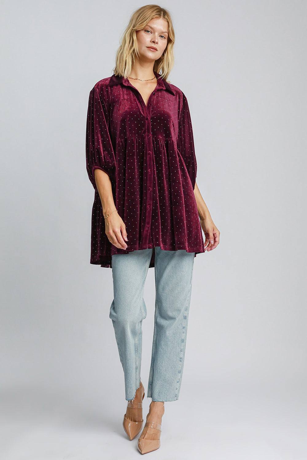 Umgee Full Size Polka Dot Button Up Half Sleeve Shirt - Charming Charlie