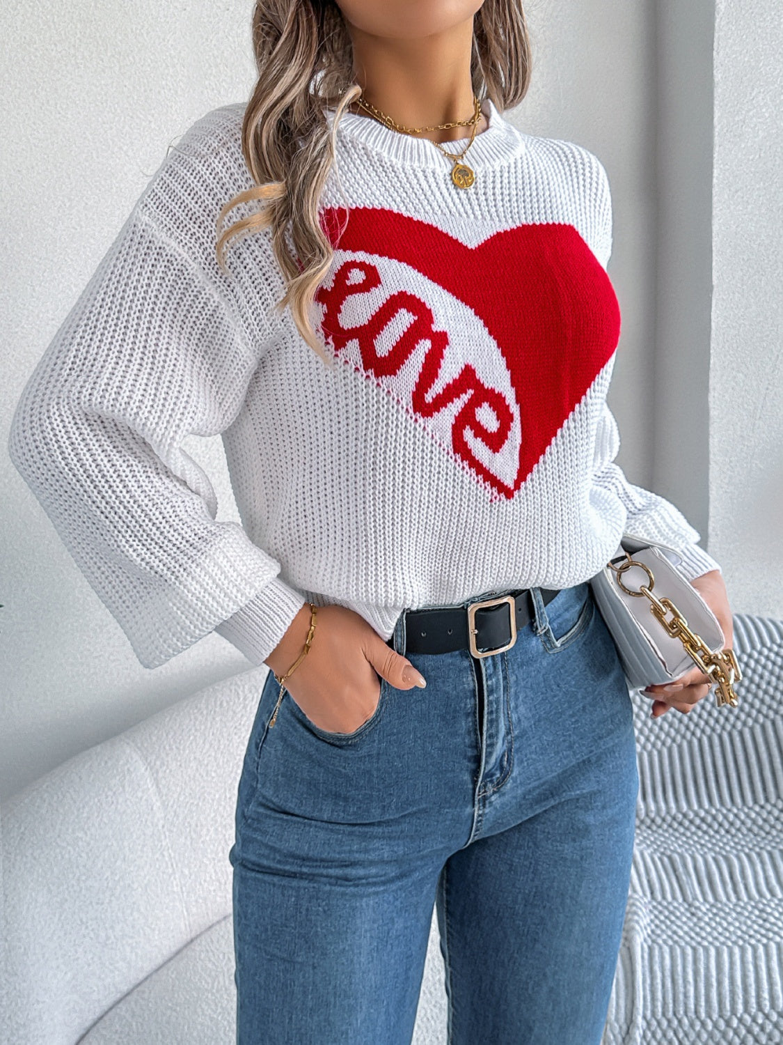 LOVE Heart Round Neck Dropped Shoulder Sweater - Charming Charlie