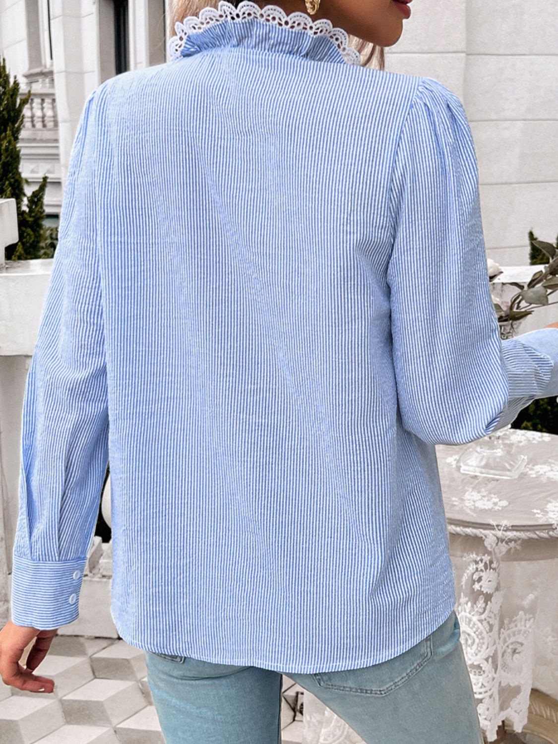 Lace Detail Ruffled Round Neck Long Sleeve Shirt - Charming Charlie