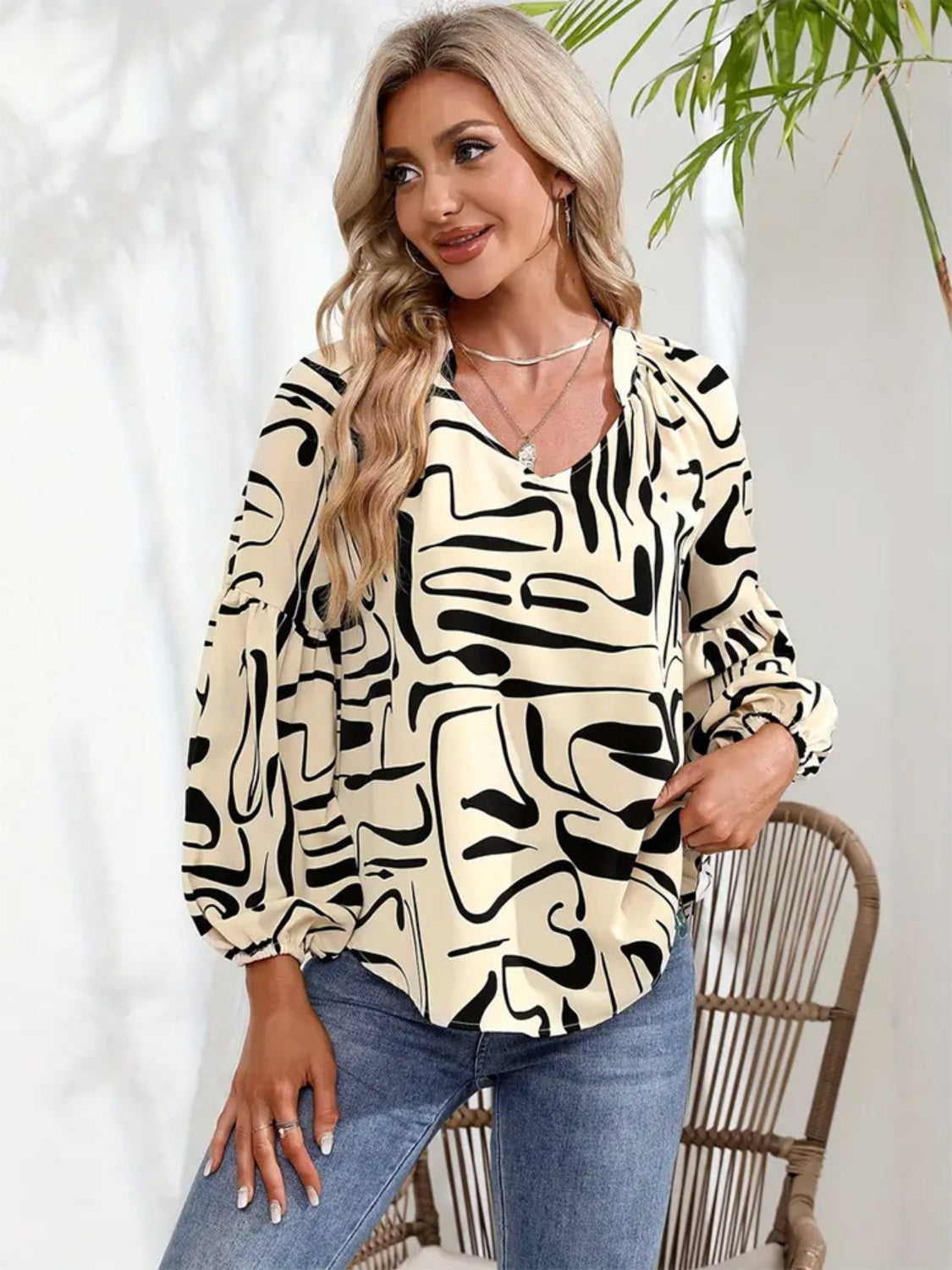 Printed Notched Long Sleeve Blouse - Charming Charlie