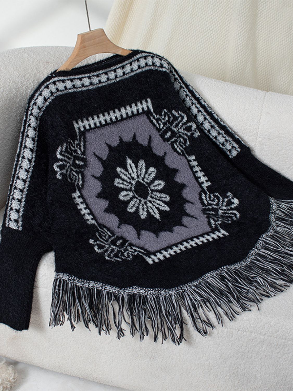 Fringe Geometric Long Sleeve Poncho - Charming Charlie