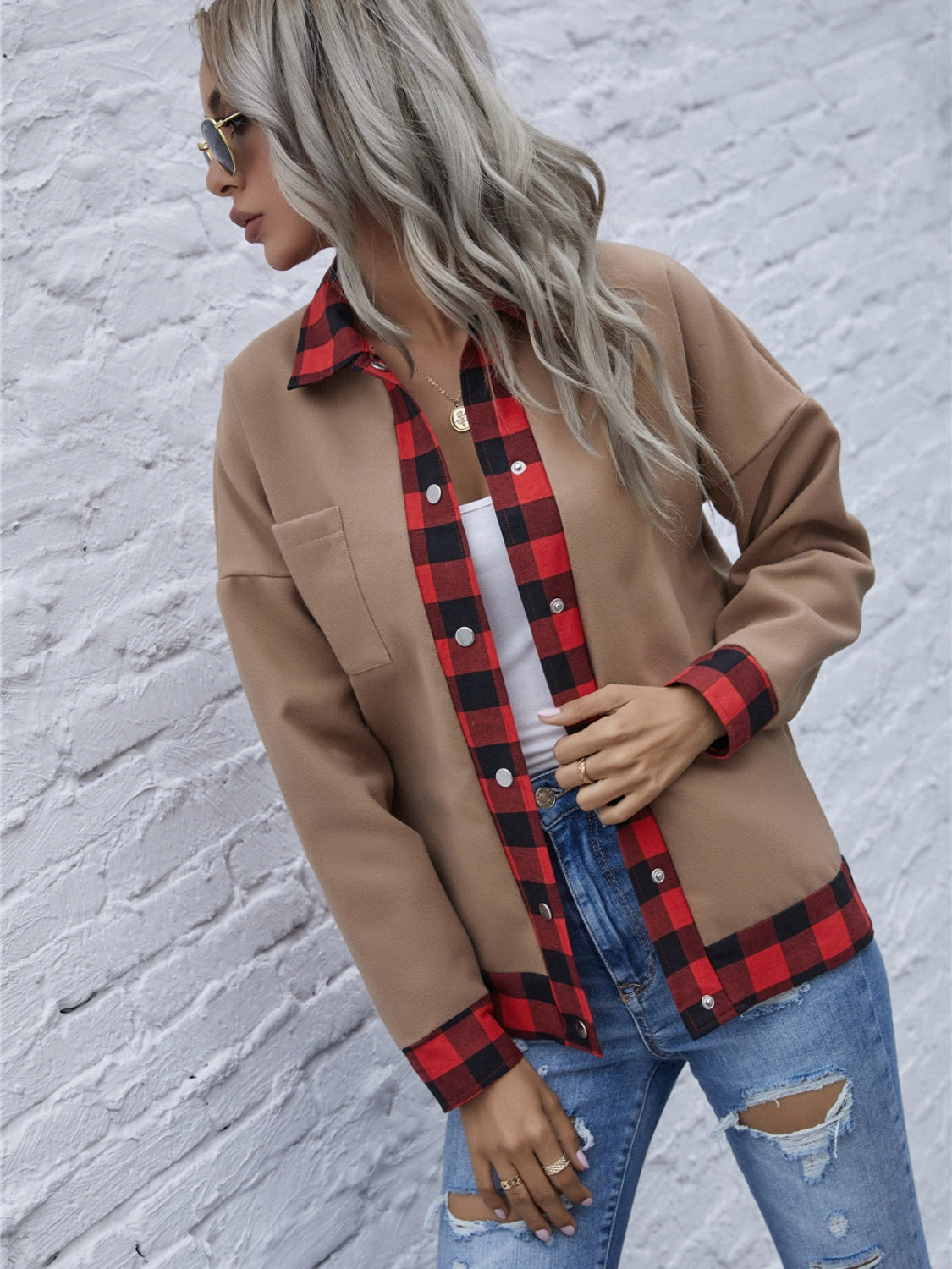 Plaid Trim Long Sleeve Jacket - Charming Charlie