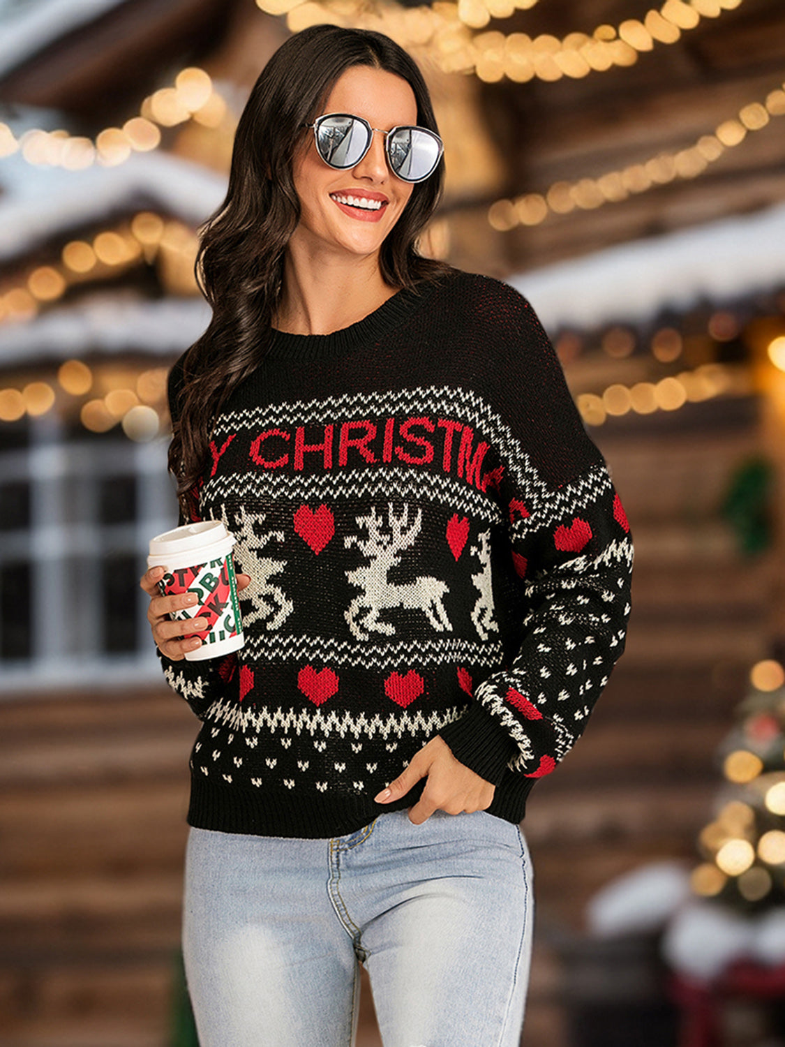 Perfee Christmas Element Round Neck Sweater - Charming Charlie