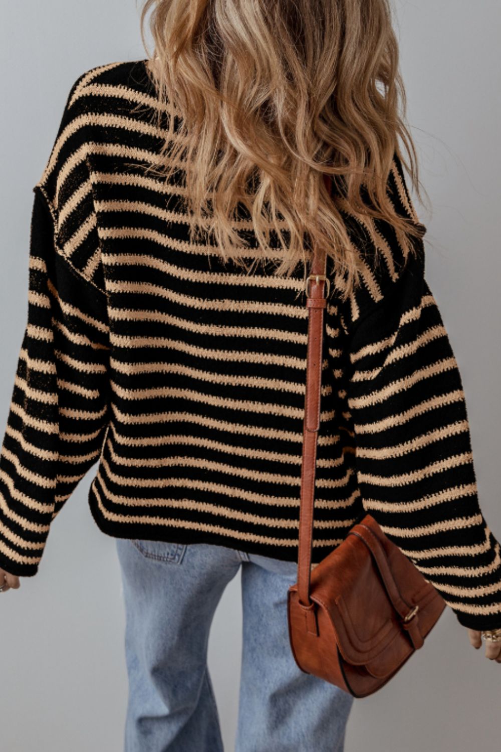 Stripe Drop Shoulder Round Neck Sweater - Charming Charlie