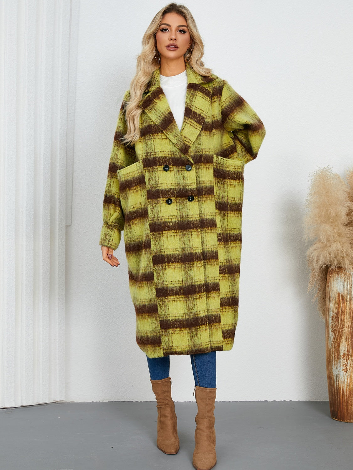 Contrast Double-Breasted Long Sleeve Longline Coat - Charming Charlie