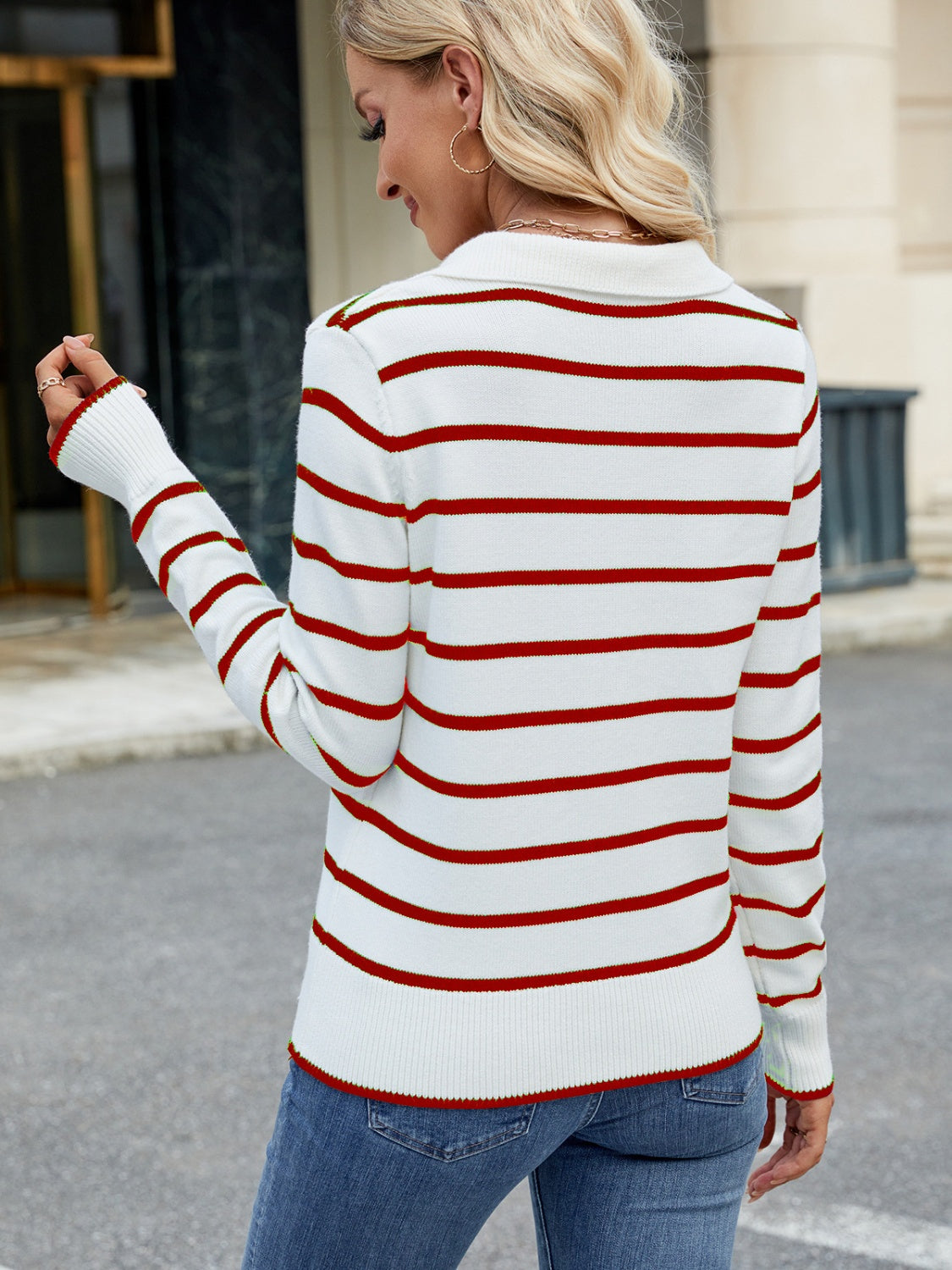 Striped Johnny Collar Long Sleeve Sweater - Charming Charlie