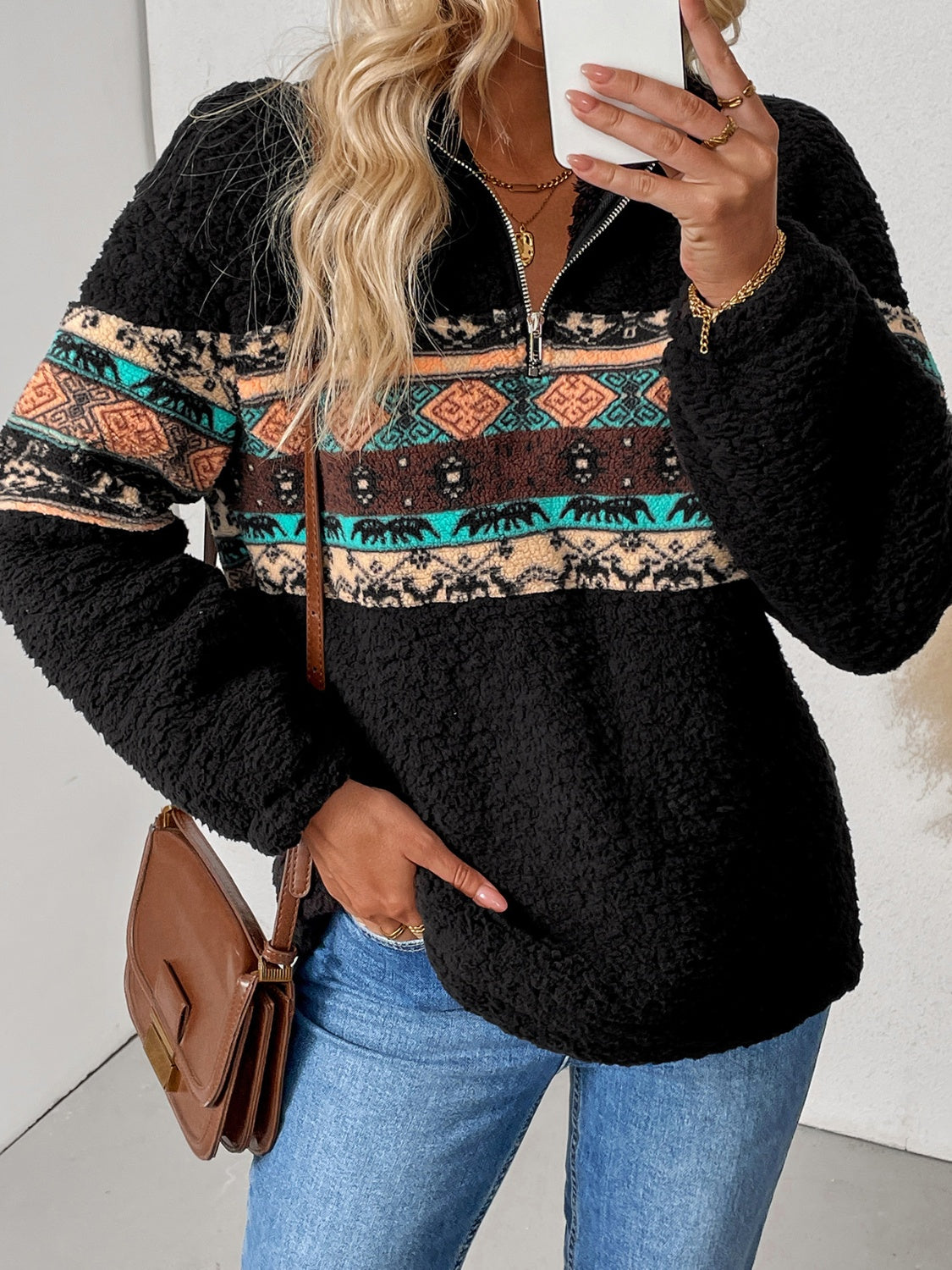 Quarter Zip Geometric Long Sleeve Sweatshirt - Charming Charlie
