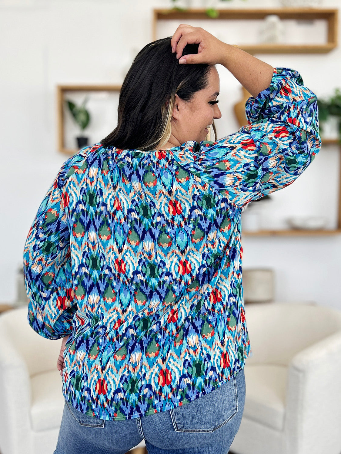 Double Take Full Size Printed Balloon Sleeve Blouse - Charming Charlie