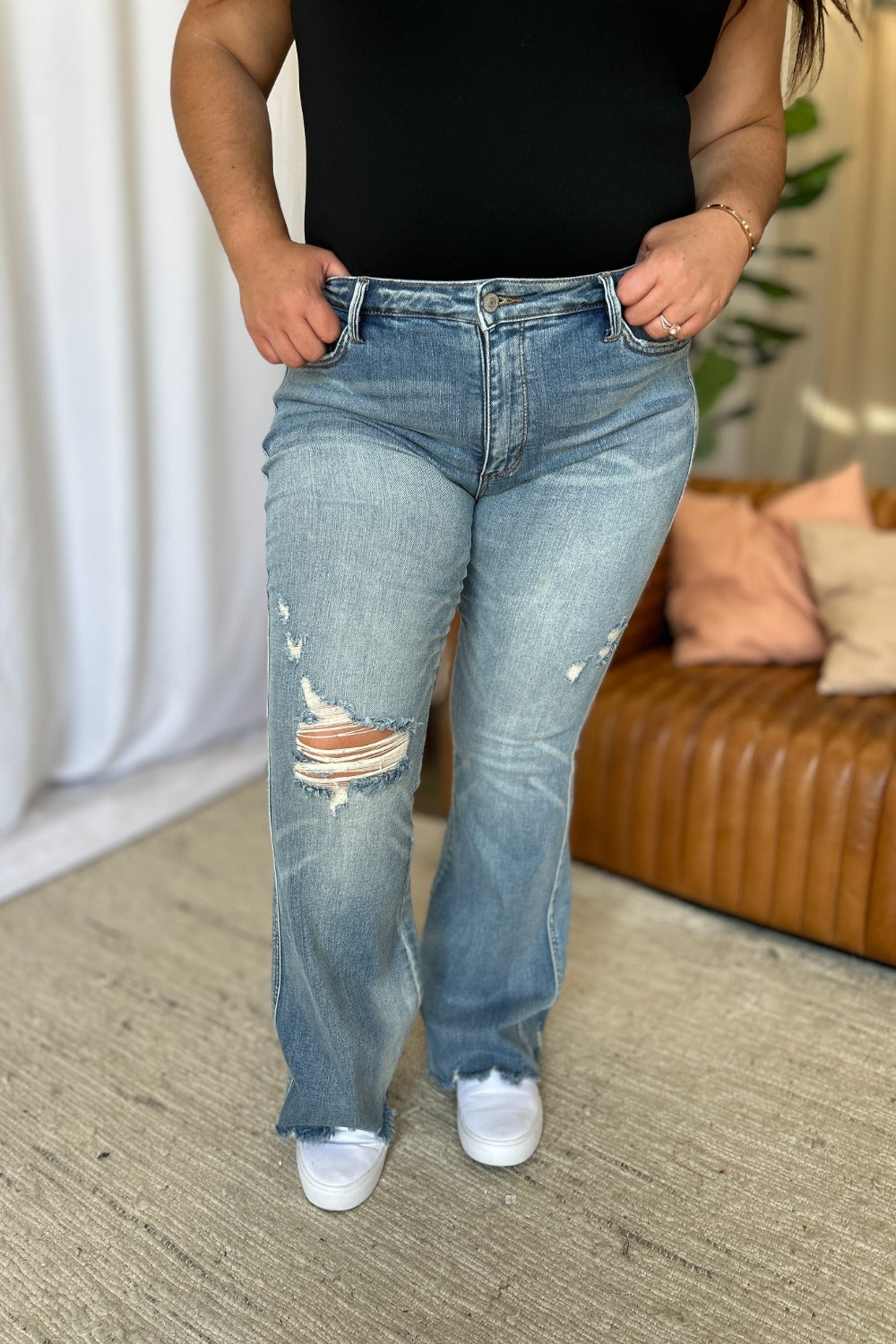 Judy Blue Full Size Medium Rise Tummy Control Destroy Flare - Charming Charlie