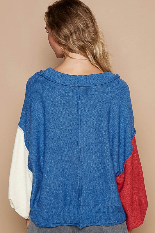 POL Exposed Seam Contrast V-Neck Lantern Sleeve Sweater - Charming Charlie