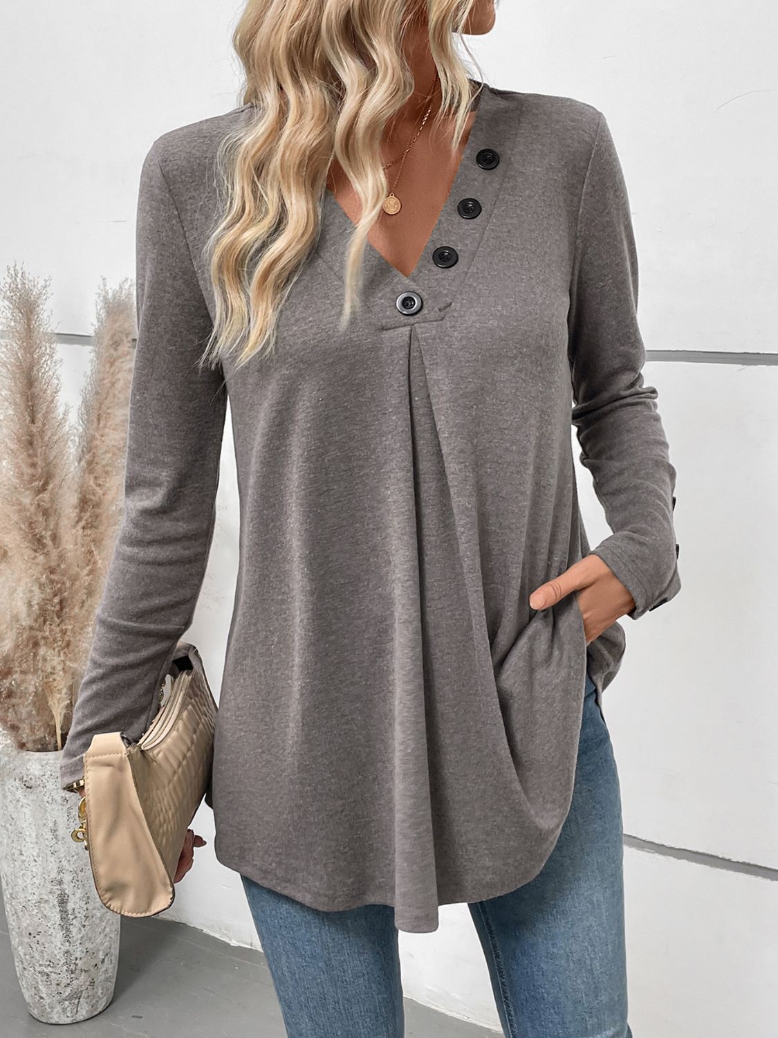 Perfee V-Neck Long Sleeve T-Shirt - Charming Charlie