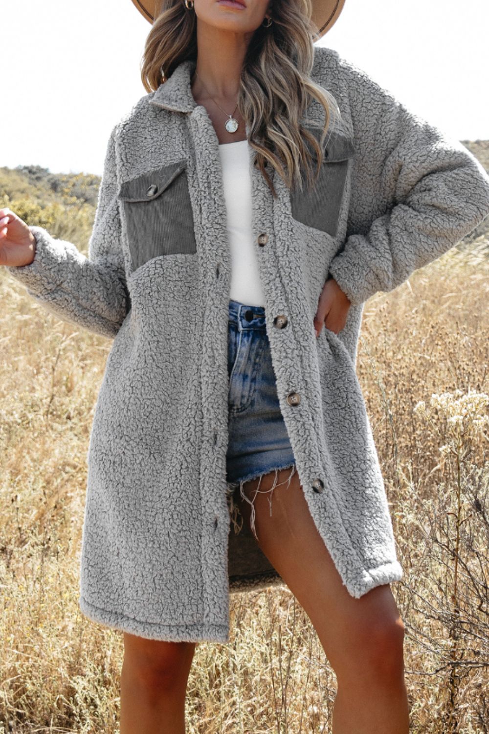 Collared Neck Long Sleeve Longline Teddy Jacket - Charming Charlie