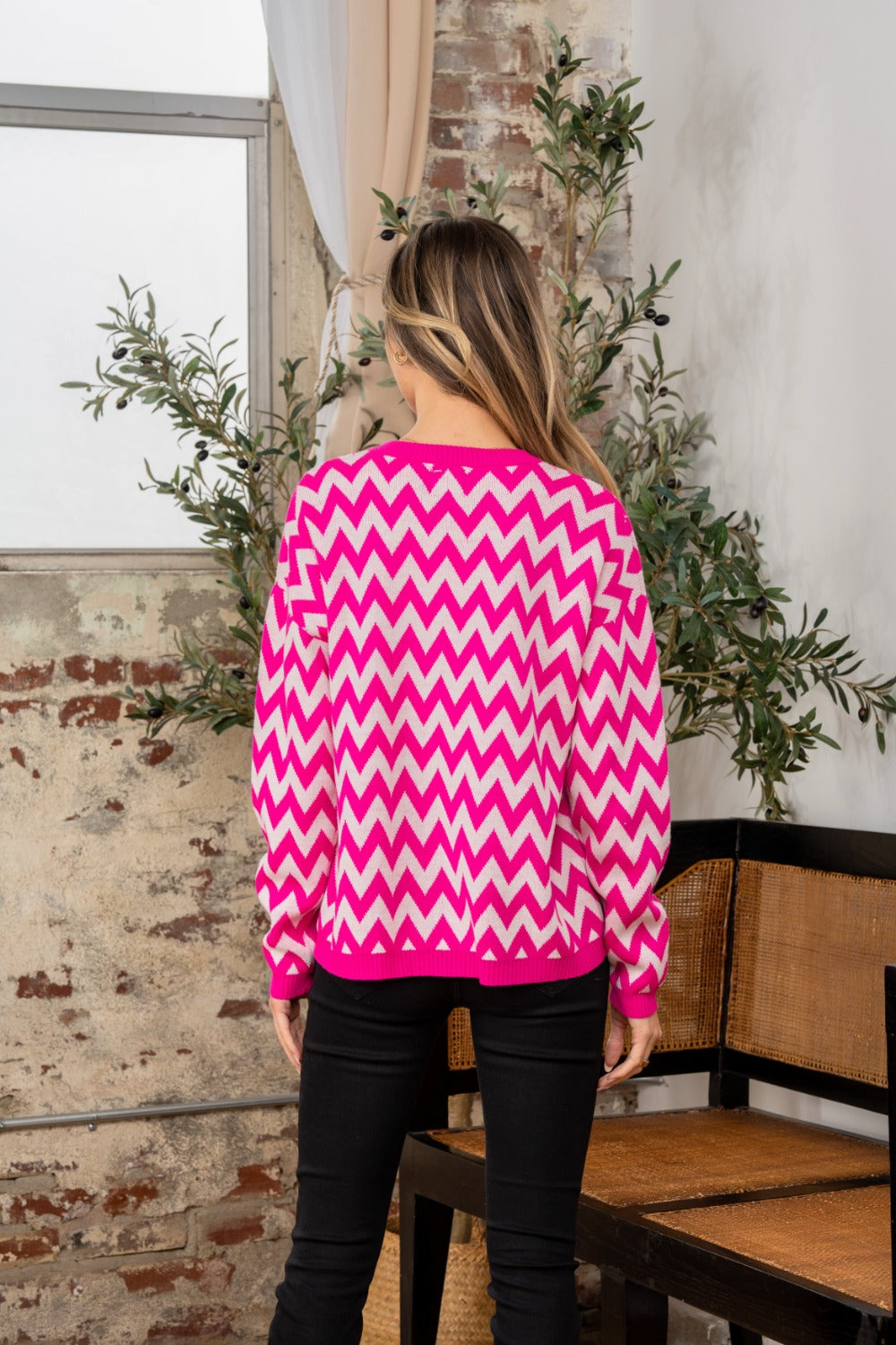 Sew In Love Full Size Wave Stripe Contrast Long Sleeve Sweater - Charming Charlie