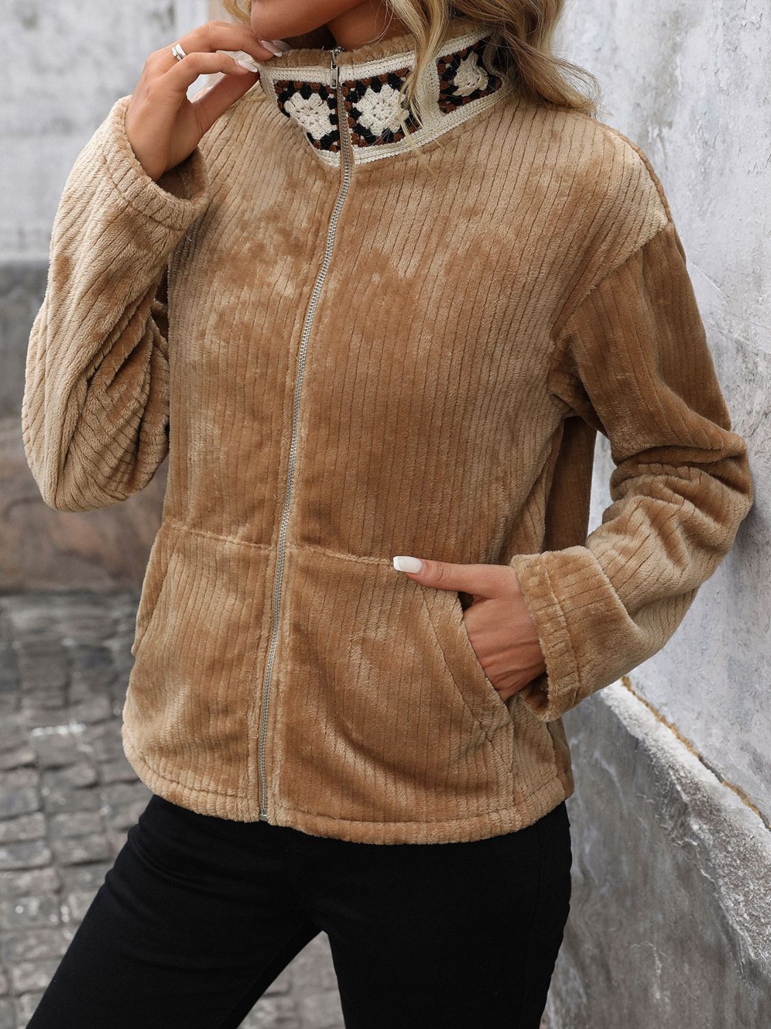 Perfee Pocketed Zip Up Collared Neck Long Sleeve Jacket - Charming Charlie