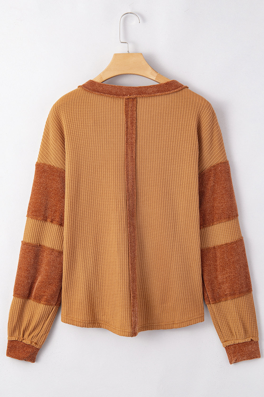Contrast Patched Exposed Seam Waffle Knit Henley Top - Charming Charlie