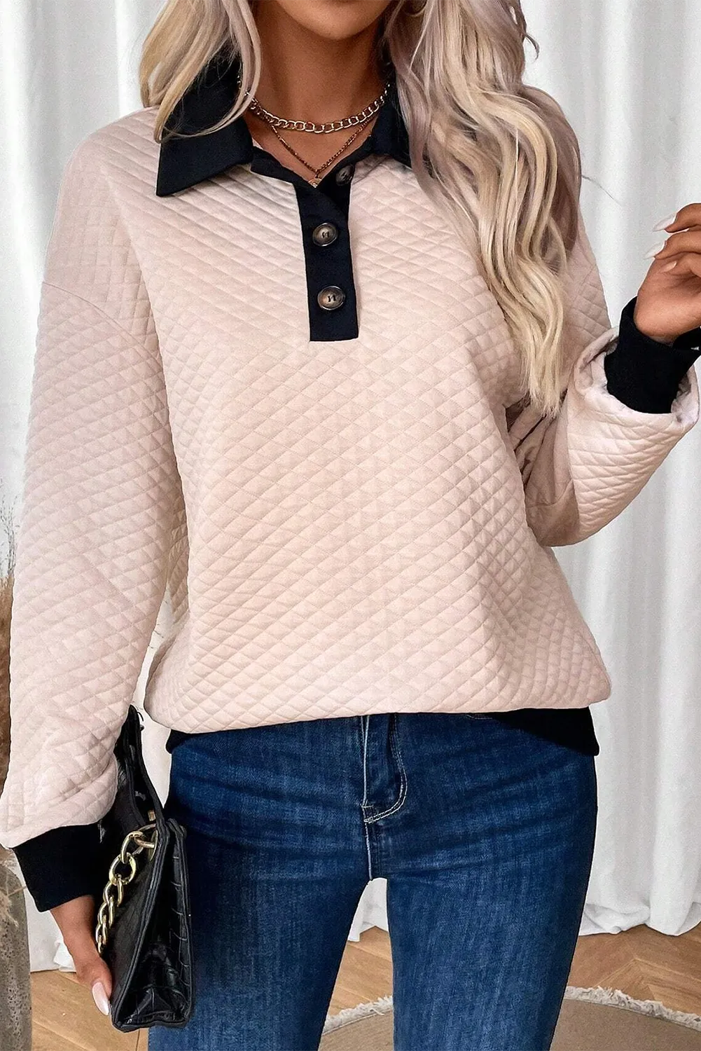 Textured Collared Neck Long Sleeve Top - Charming Charlie