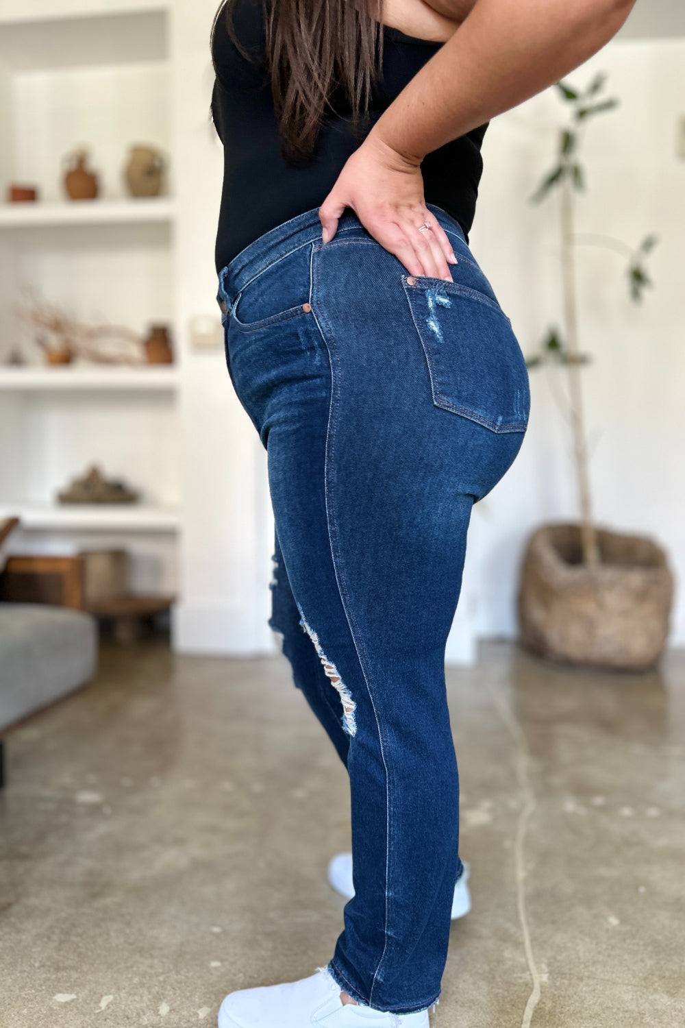 Judy Blue Full Size High Waist Rigid Magic Heavy Destroy Straight Jeans - Charming Charlie