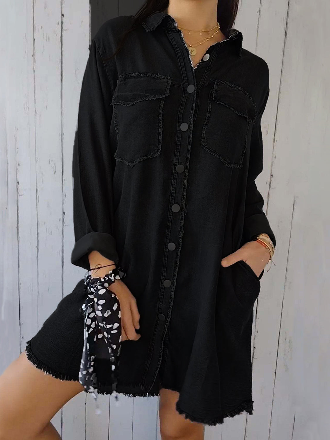 Full Size Raw Hem Button Up Long Sleeve Denim Top Plus Size - Charming Charlie