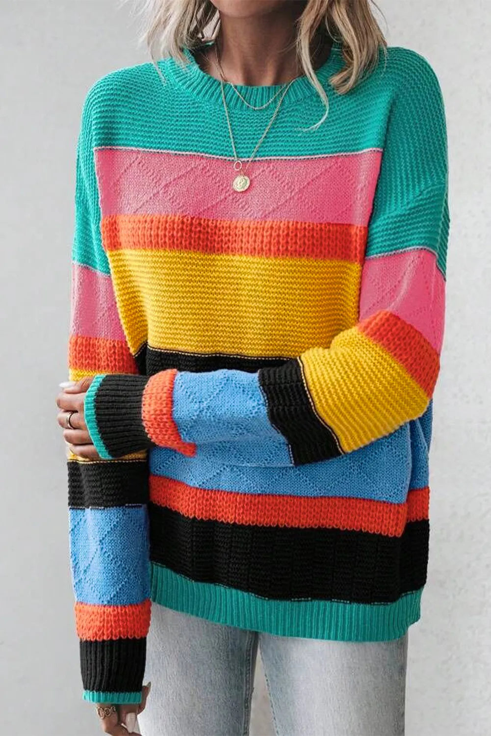 Contrast Round Neck Dropped Shoulder Sweater - Charming Charlie