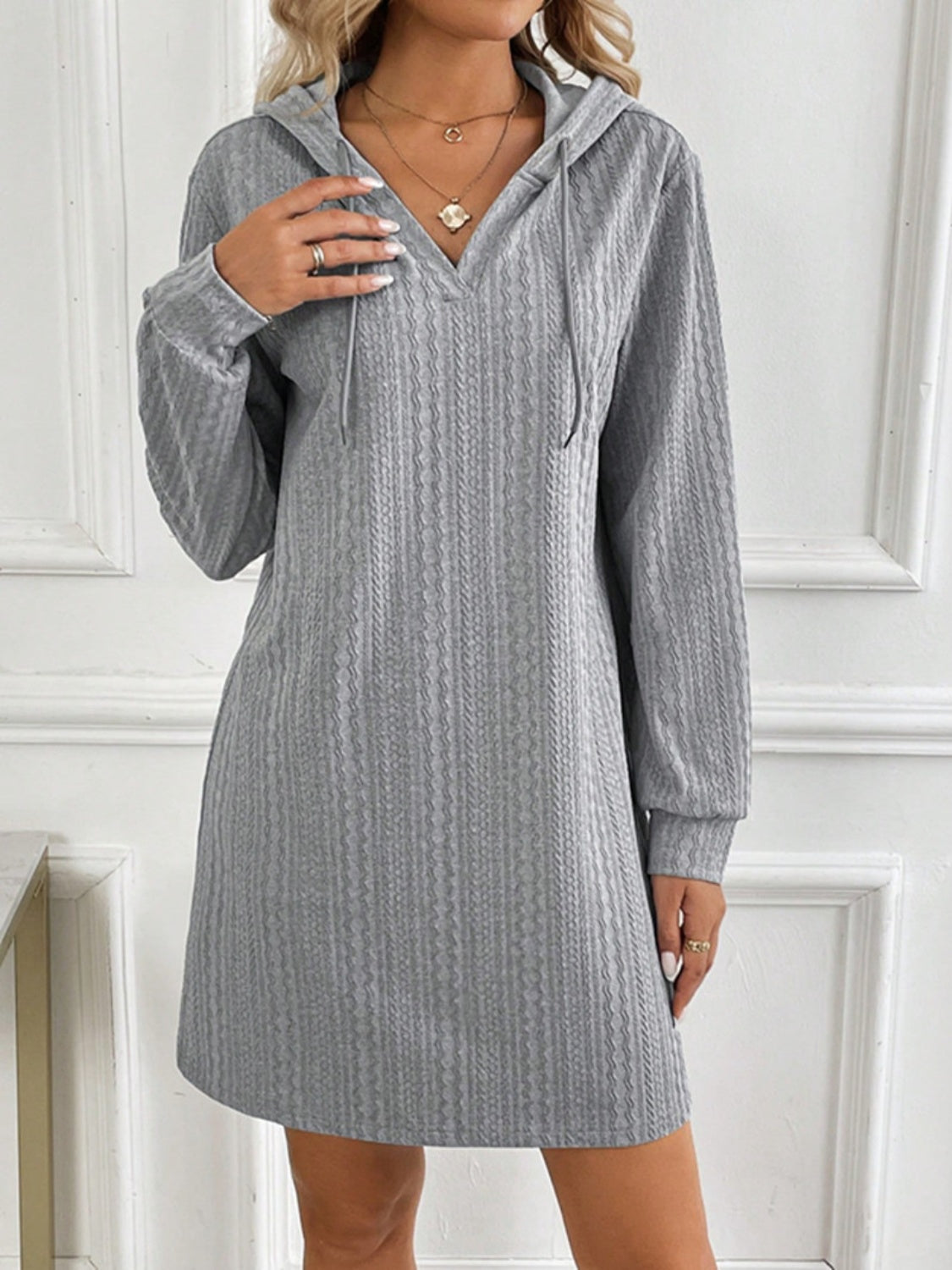 Drawstring Long Sleeve Hooded Mini Dress - Charming Charlie