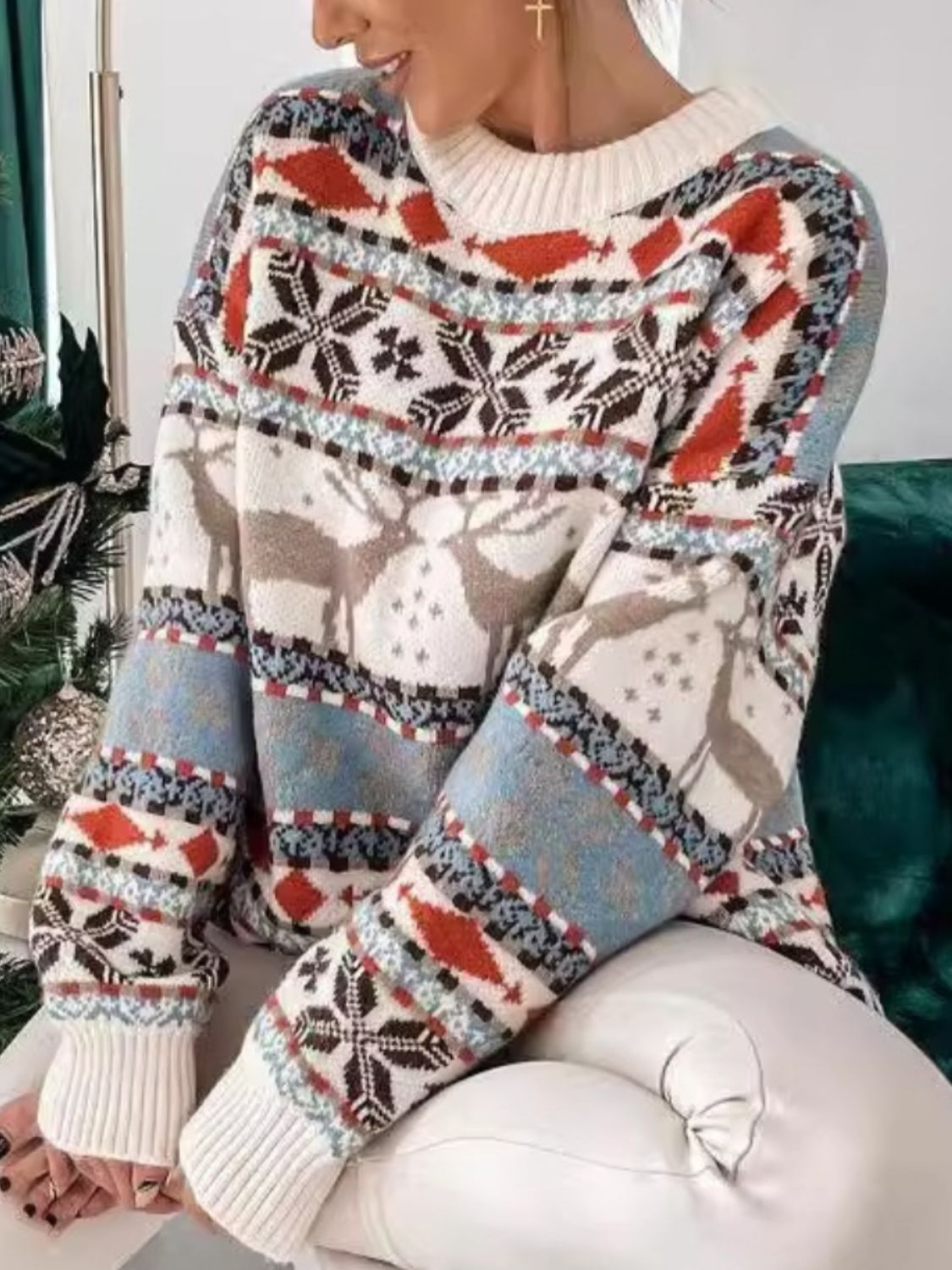 Geometric Round Neck Dropped Shoulder Sweater - Charming Charlie