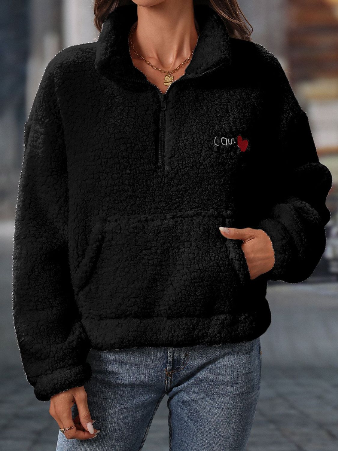 Heart Half Zip Long Sleeve Teddy Sweatshirt - Charming Charlie