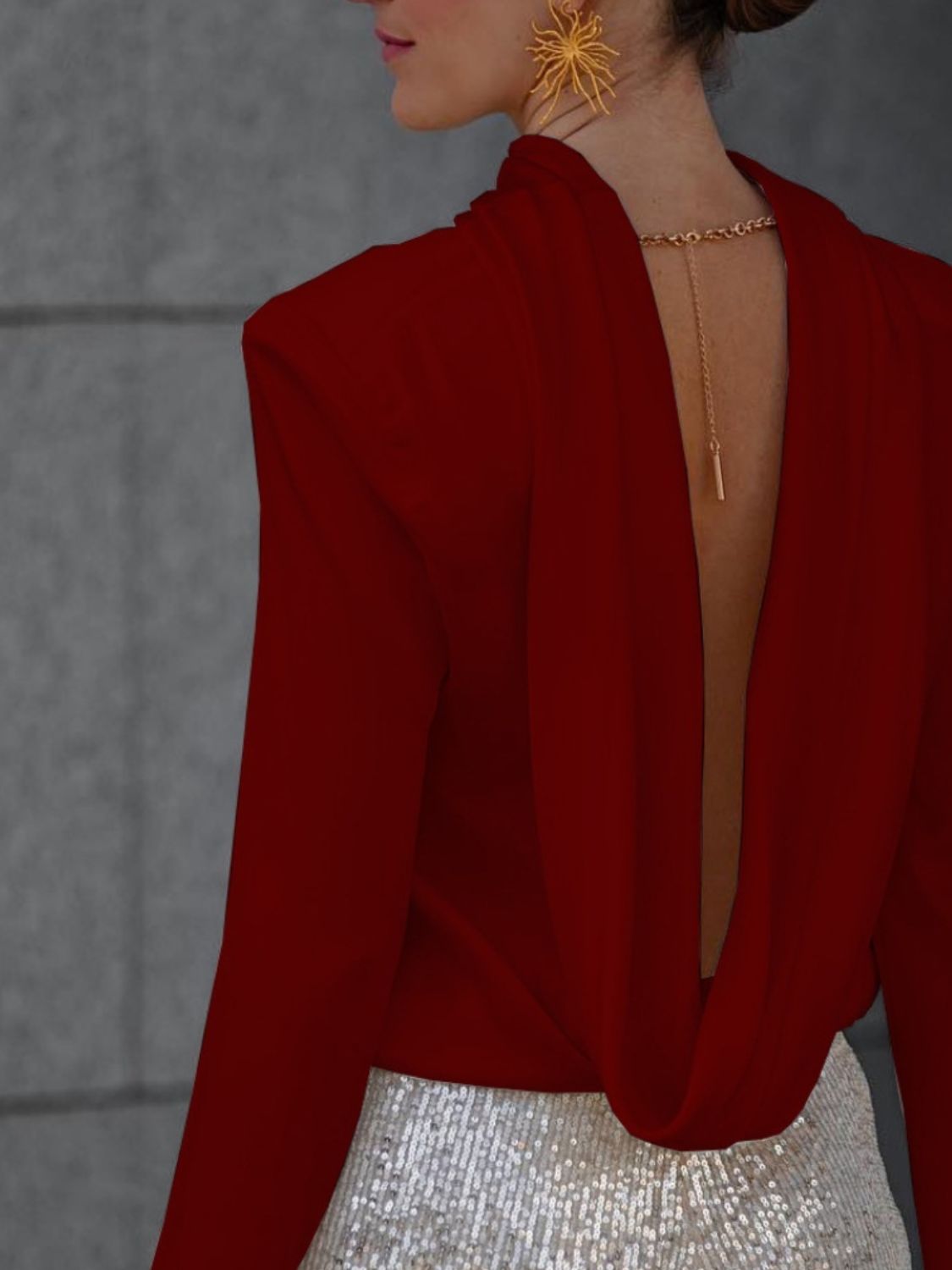 Backless Cowl Neck Long Sleeve Blouse - Charming Charlie