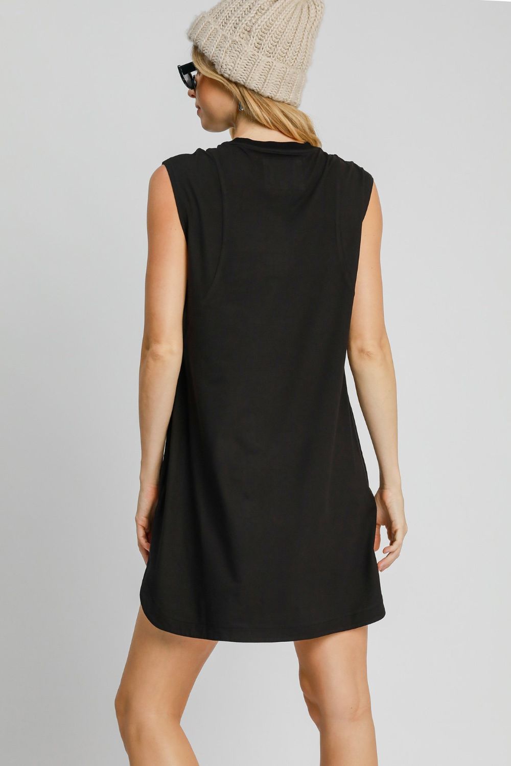 Umgee Round Neck Sleeveless High-Low Curved Hemline Mini Dress - Charming Charlie