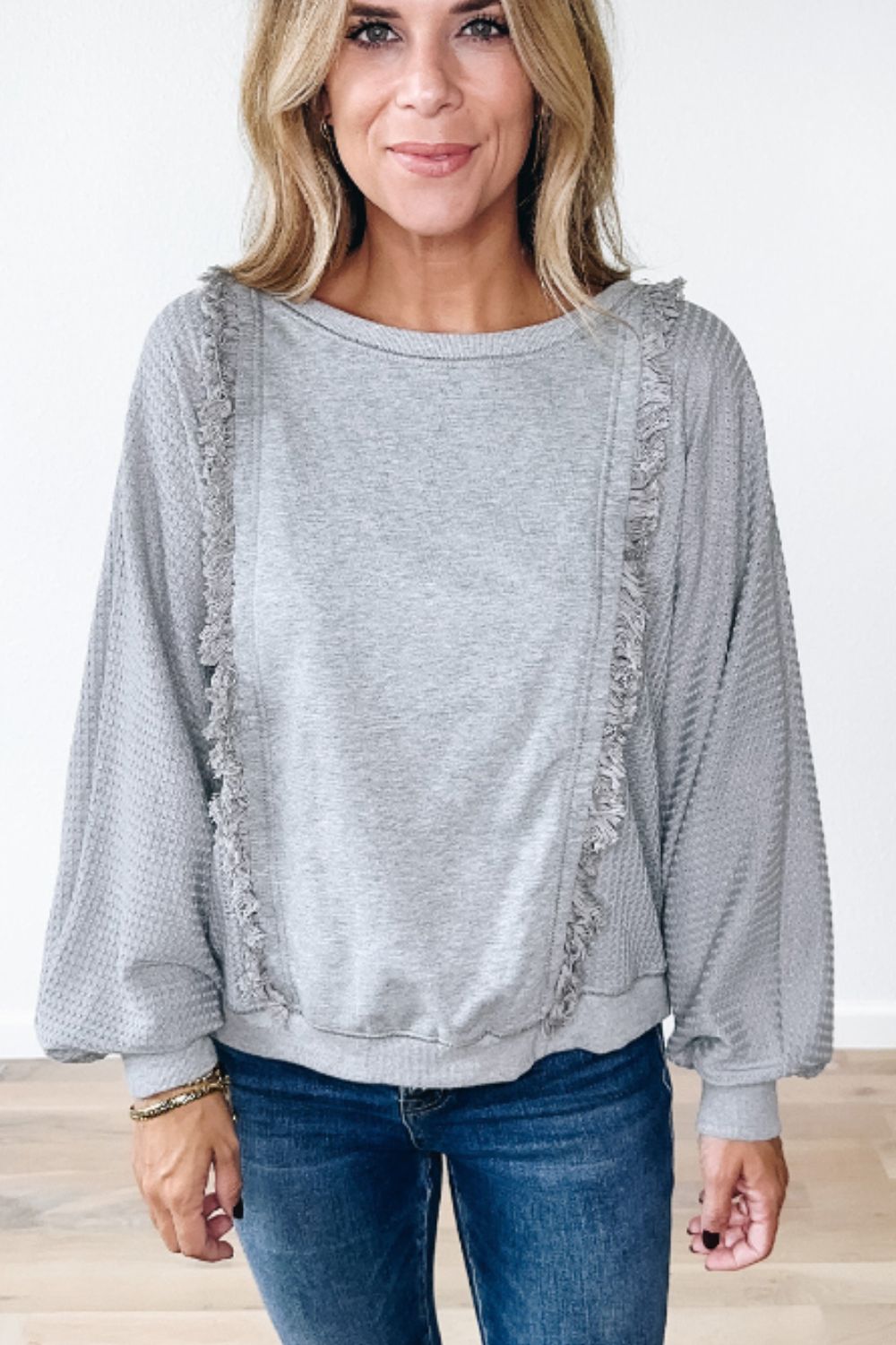 Raw Hem Round Neck Long Sleeve Sweatshirt - Charming Charlie