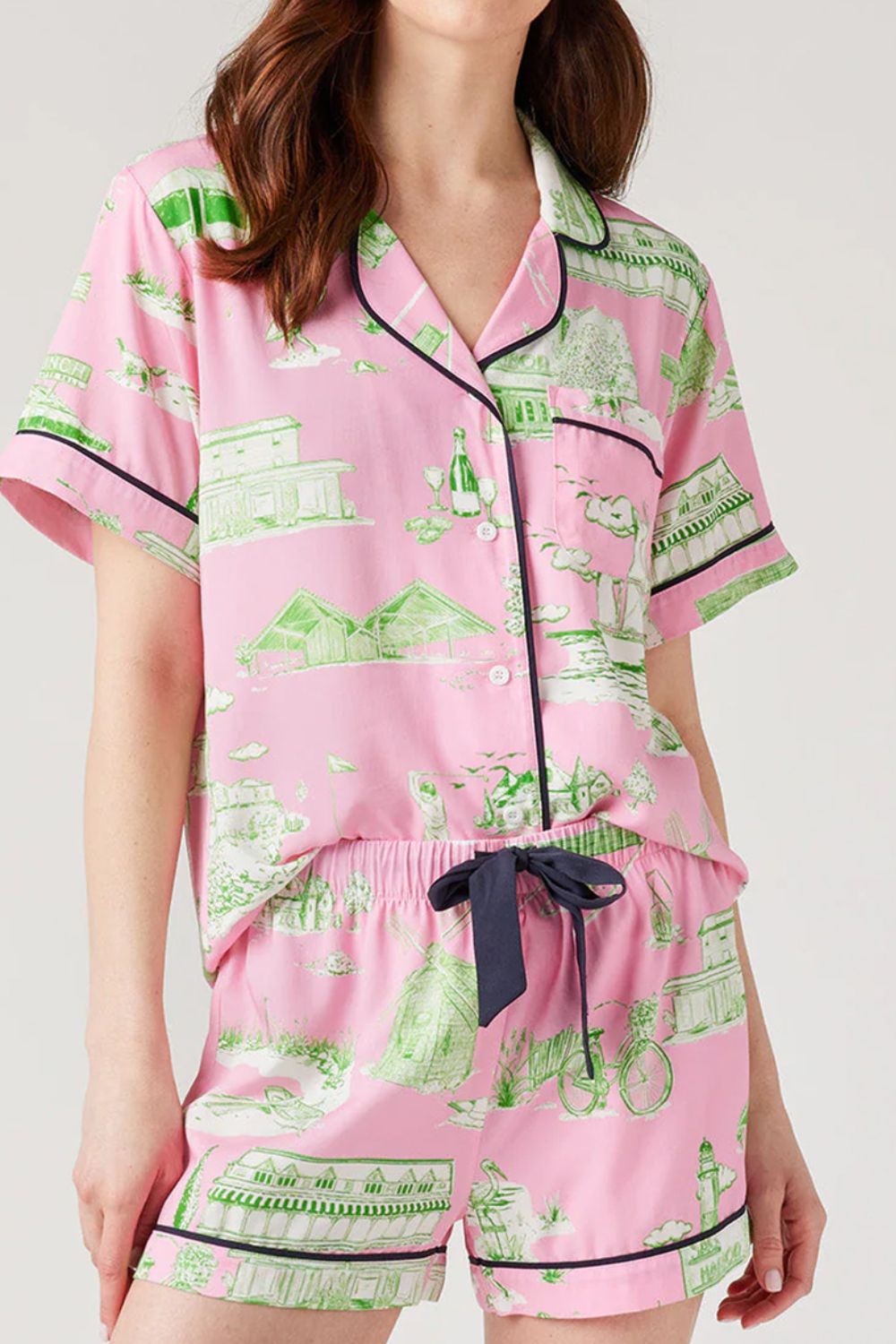 Collared Neck Printed Top and Drawstring Shorts Lounge Set - Charming Charlie