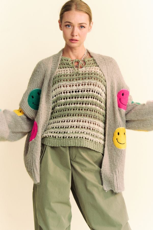 Davi & Dani Fuzzy Smile Open Front Long Sleeve Cardigan - Charming Charlie