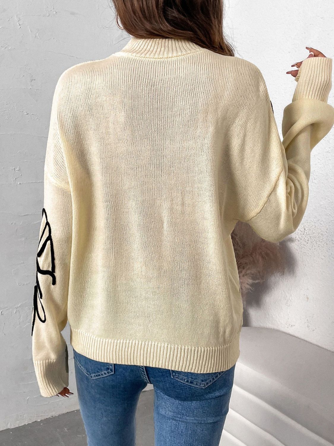 Perfee Mock Neck Dropped Shoulder Long Sleeve Sweater - Charming Charlie