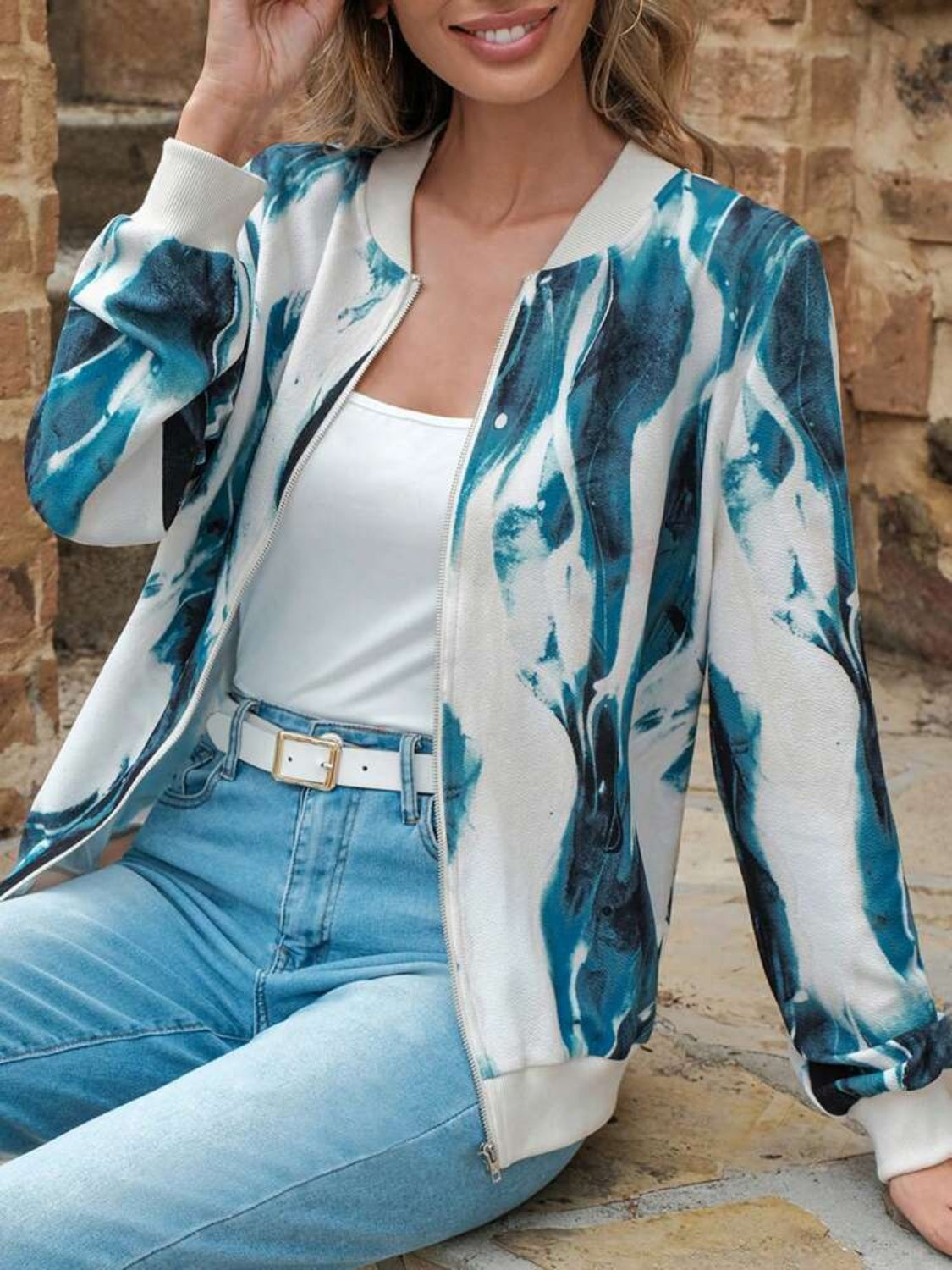 Printed Baseball Collar Zip Up Jacket - Charming Charlie